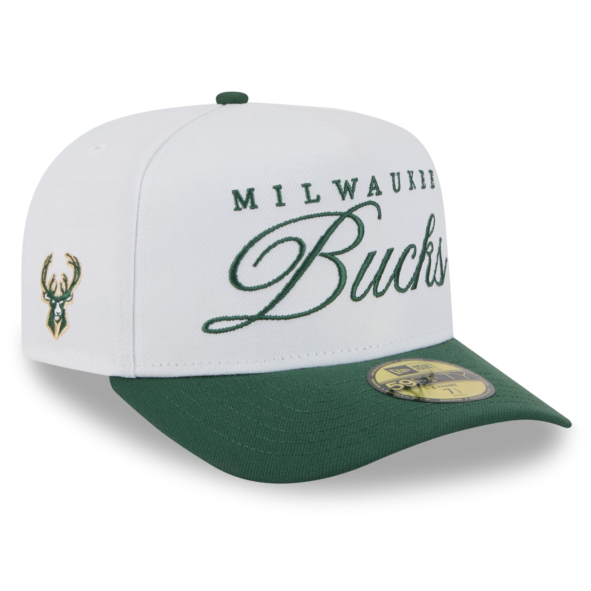 Men's Milwaukee Bucks New Era White/Hunter Green 2025 NBA Draft A-Frame 59FIFTY Fitted Hat