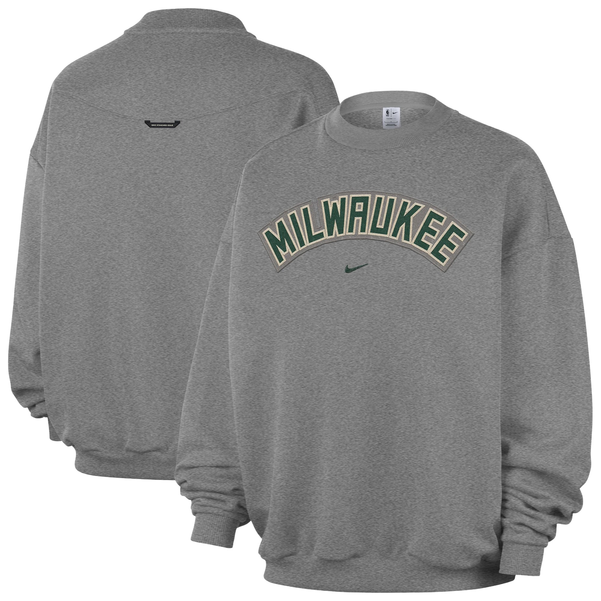 Men's Nike Dark Heather Gray Milwaukee Bucks Standard Issue Wordmark Fleece Crewneck Sweatshirt