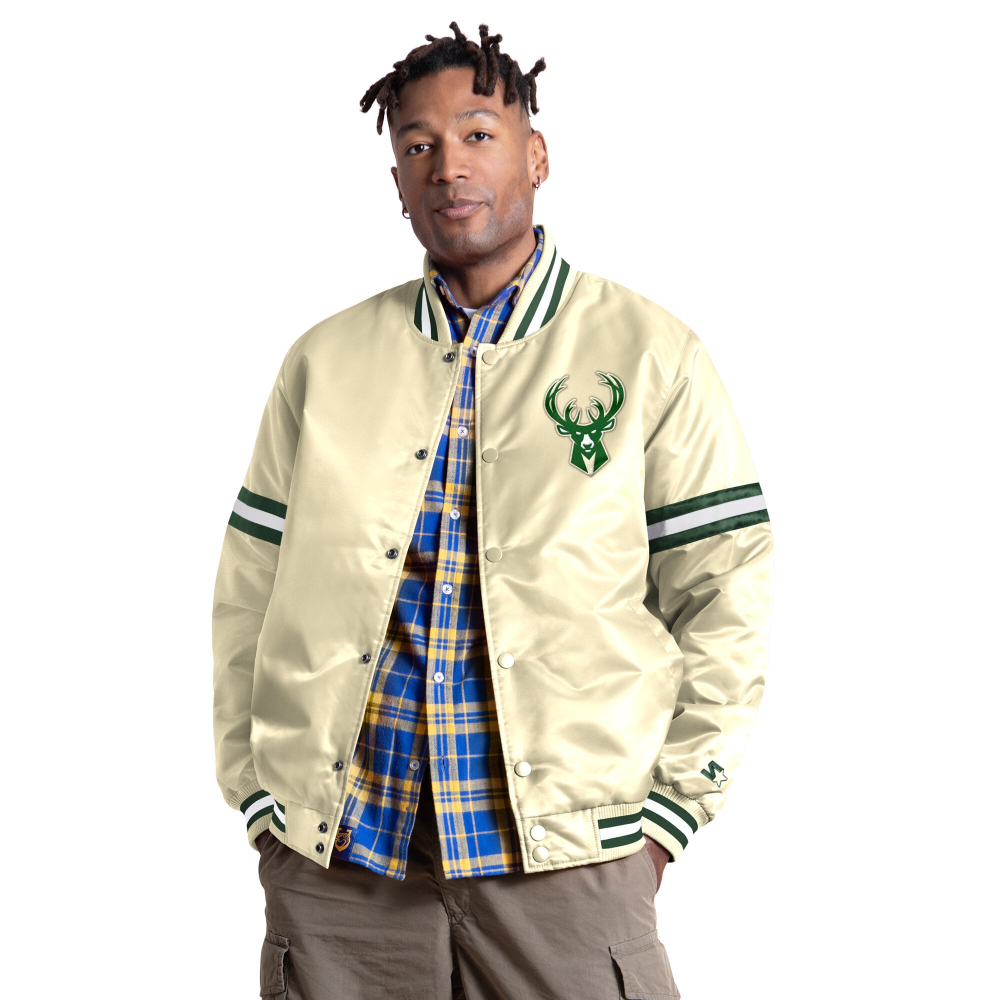 Men's Starter Cream Milwaukee Bucks Courtside II Varsity Full Snap Jacket