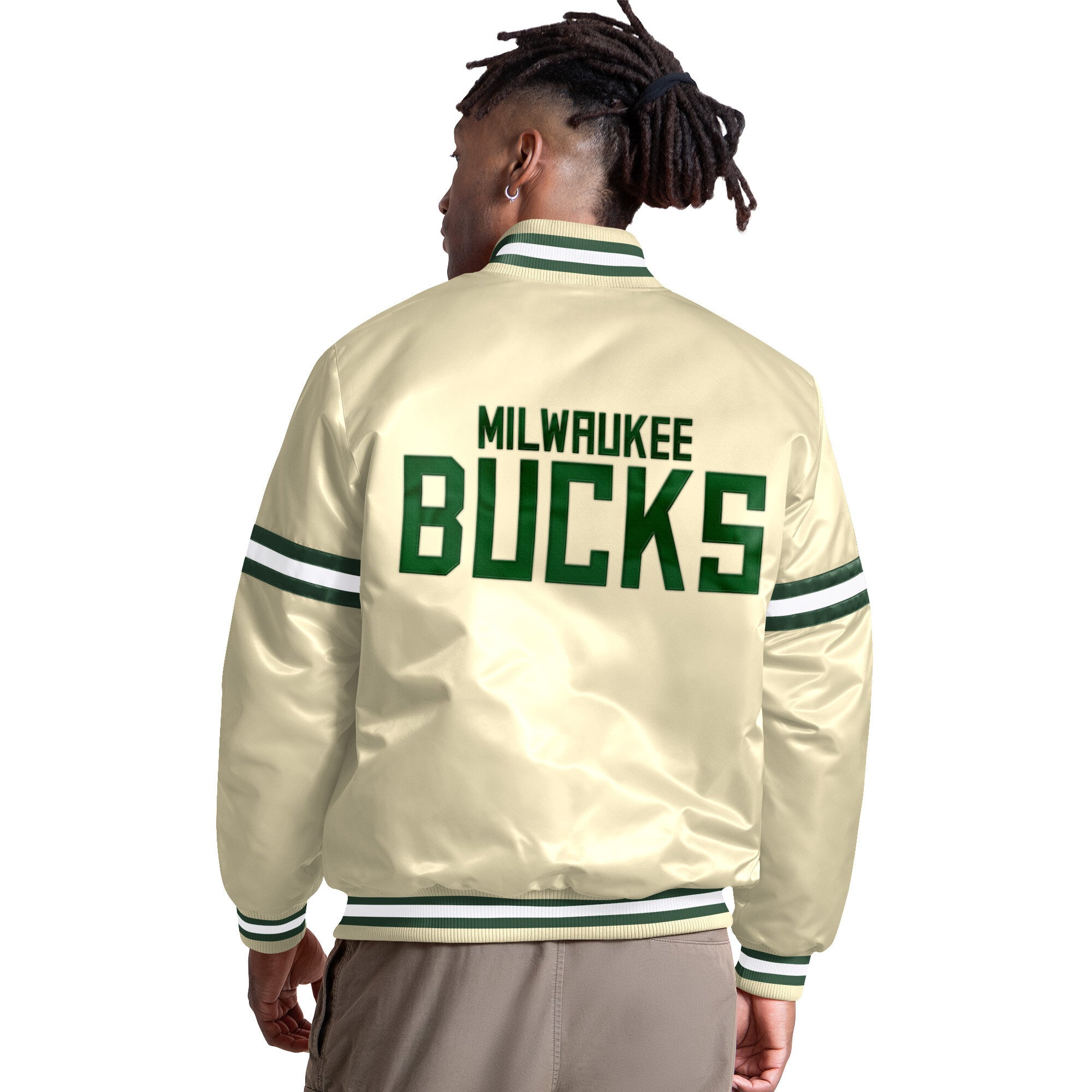 Men's Starter Cream Milwaukee Bucks Courtside II Varsity Full Snap Jacket
