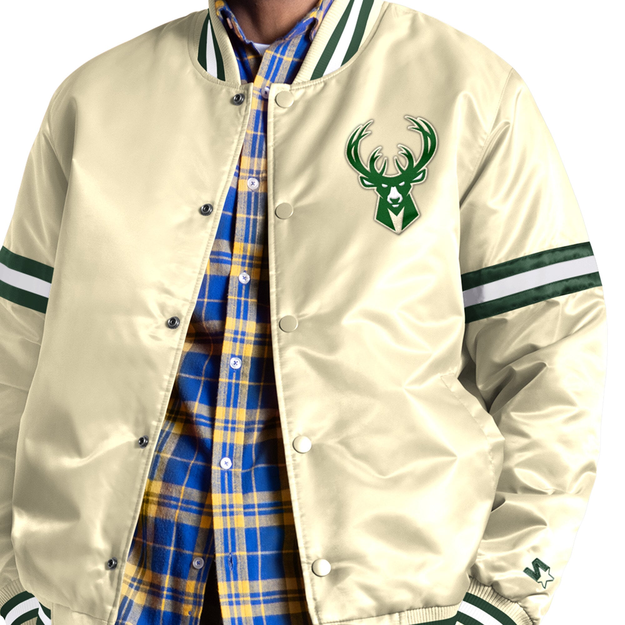 Men's Starter Cream Milwaukee Bucks Courtside II Varsity Full Snap Jacket