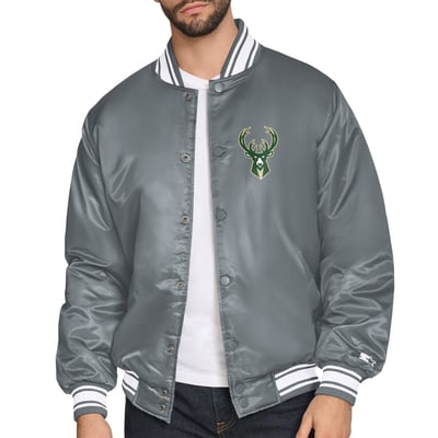 Milwaukee Bucks Starter Printed Team Logo Satin Varsity Full-Snap Jacket - Gray