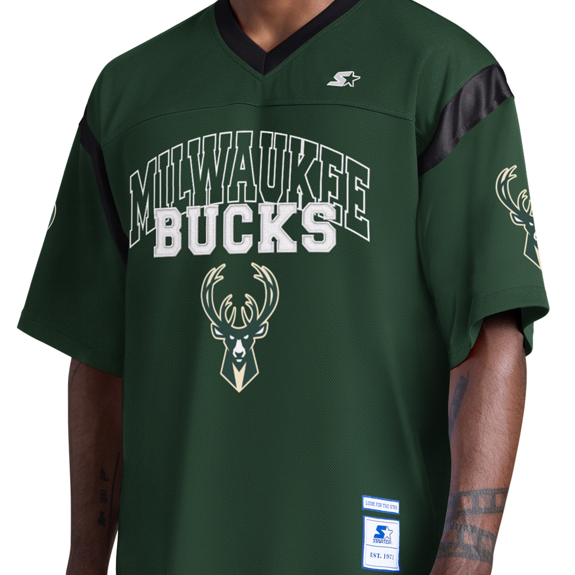 T-shirt à col en V Starter vert chasseur pour homme, Milwaukee Bucks, jour de match