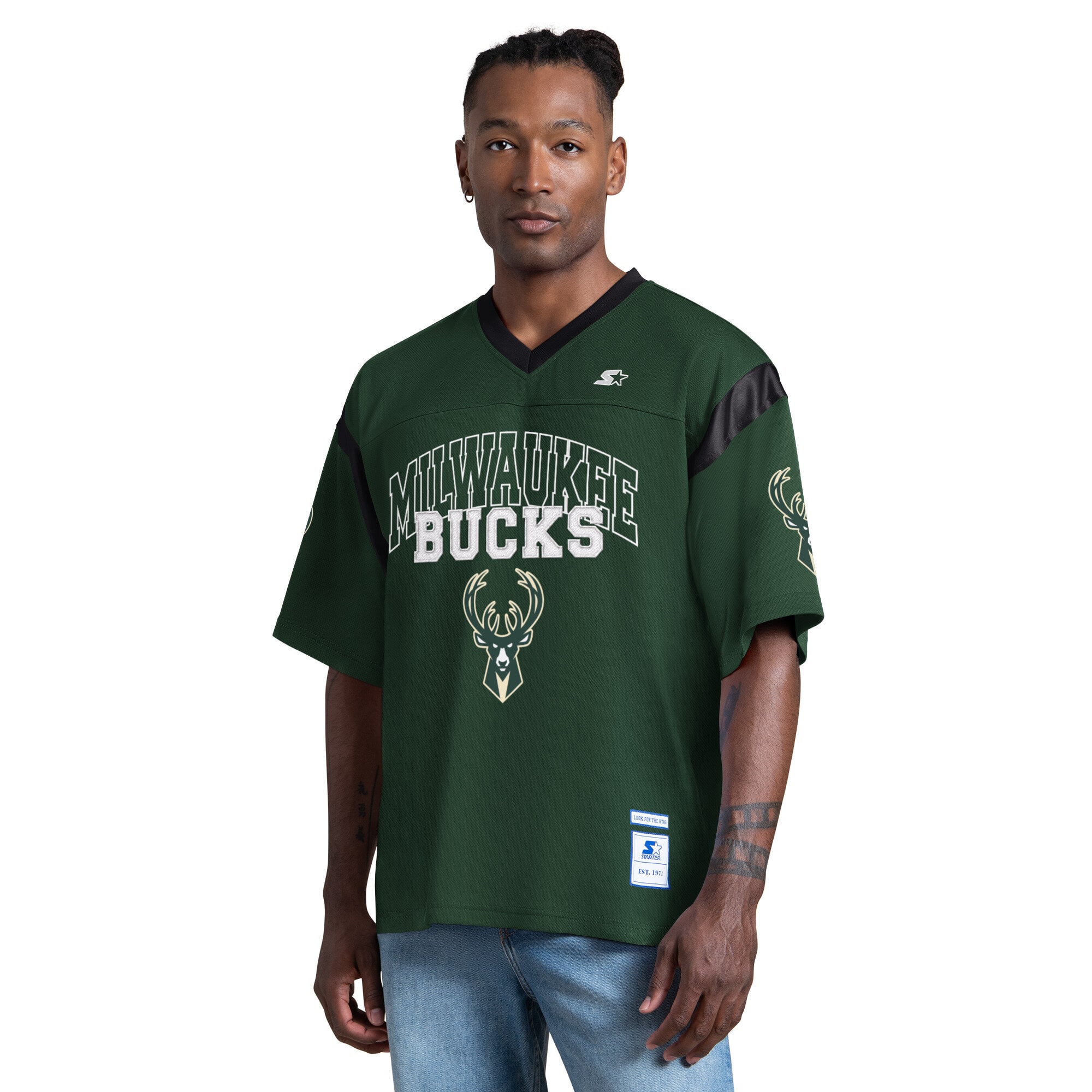T-shirt à col en V Starter vert chasseur pour homme, Milwaukee Bucks, jour de match