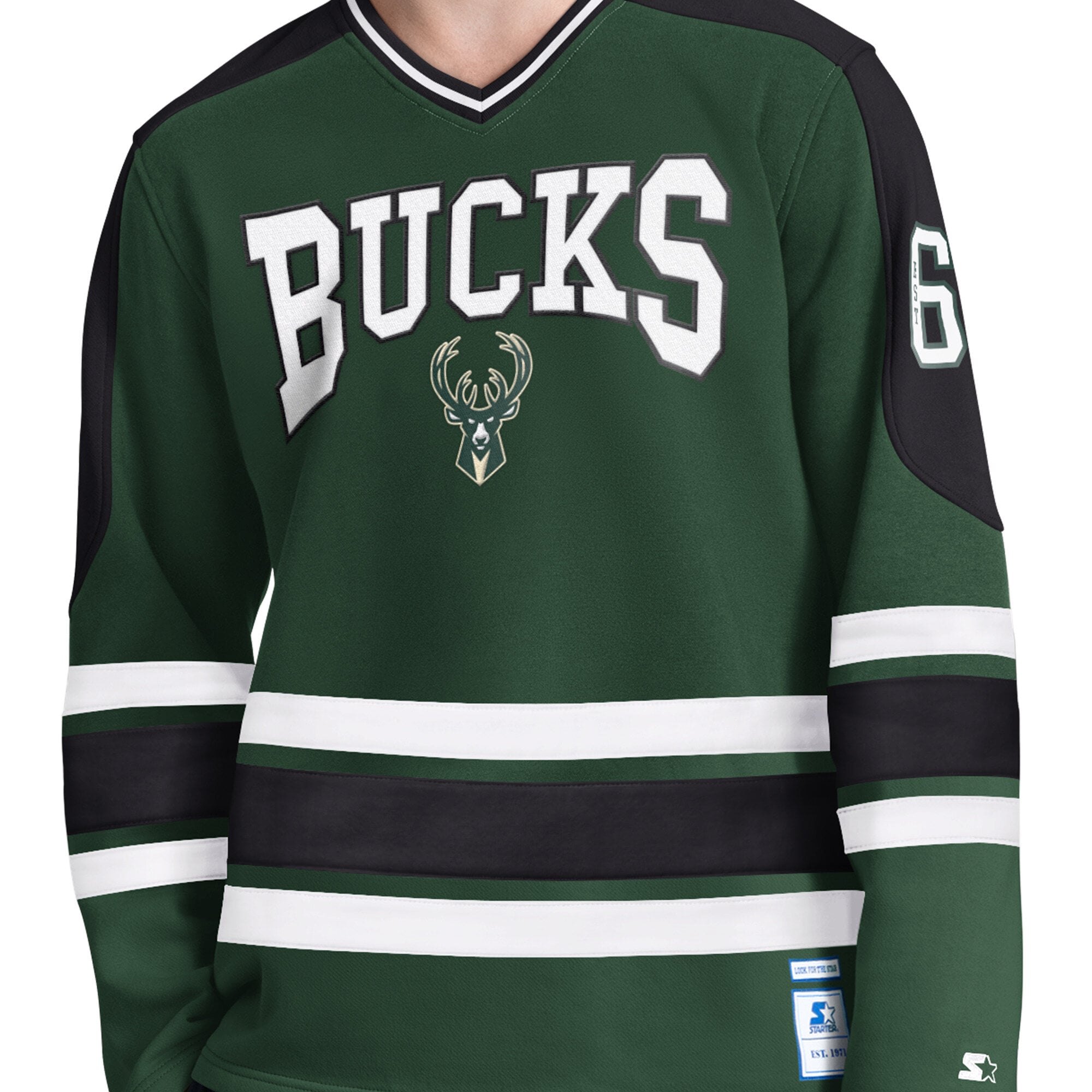 T-shirt à manches longues et col en V Starter vert chasseur Milwaukee Bucks pour homme