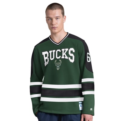 Milwaukee Bucks Starter Puck Drop Long Sleeve V-Neck T-Shirt - Hunter Green