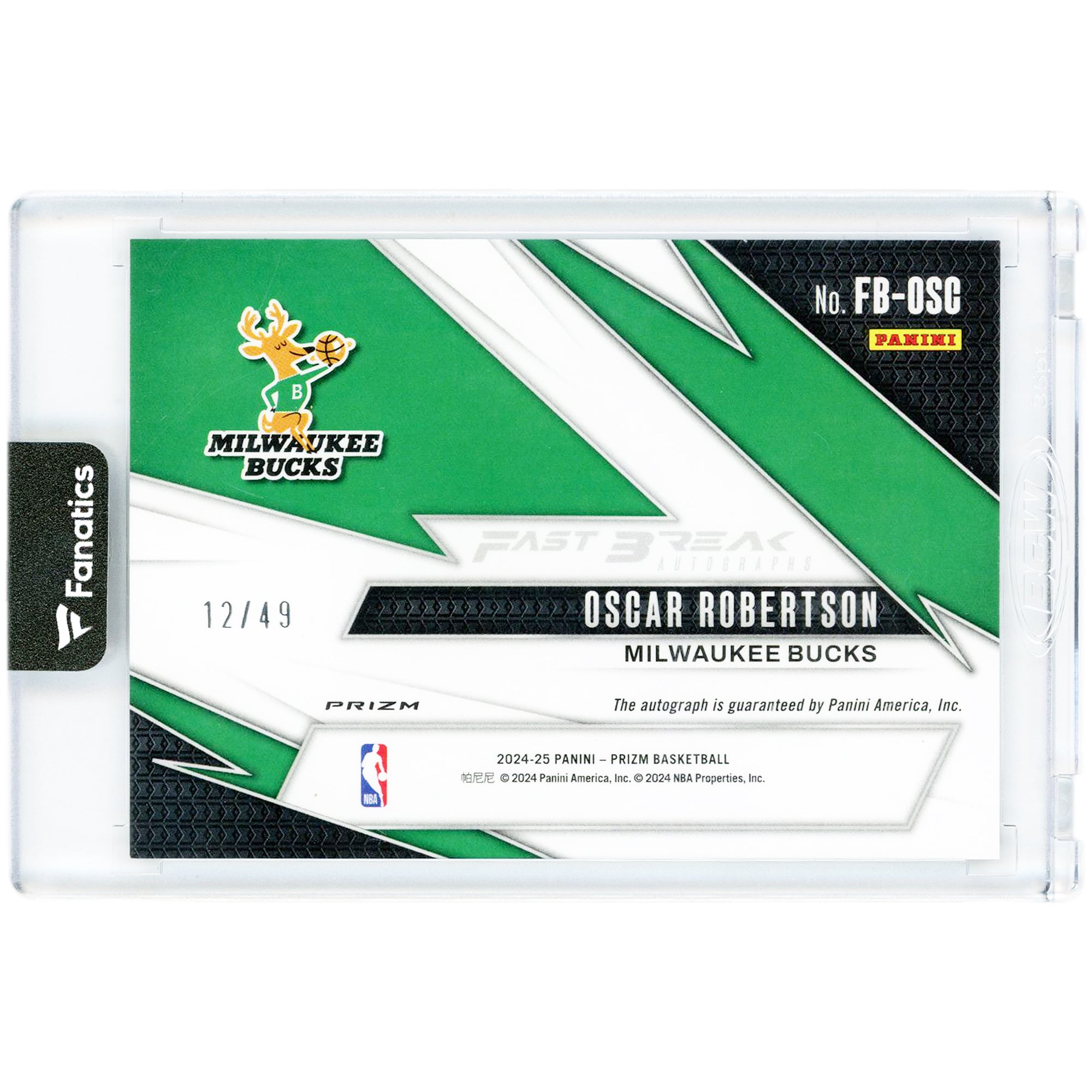 Carte autographiée d'Oscar Robertson (Milwaukee Bucks) 2024-25 Panini Prizm Fast Break Blue Prizm #FB-OSC #12/49