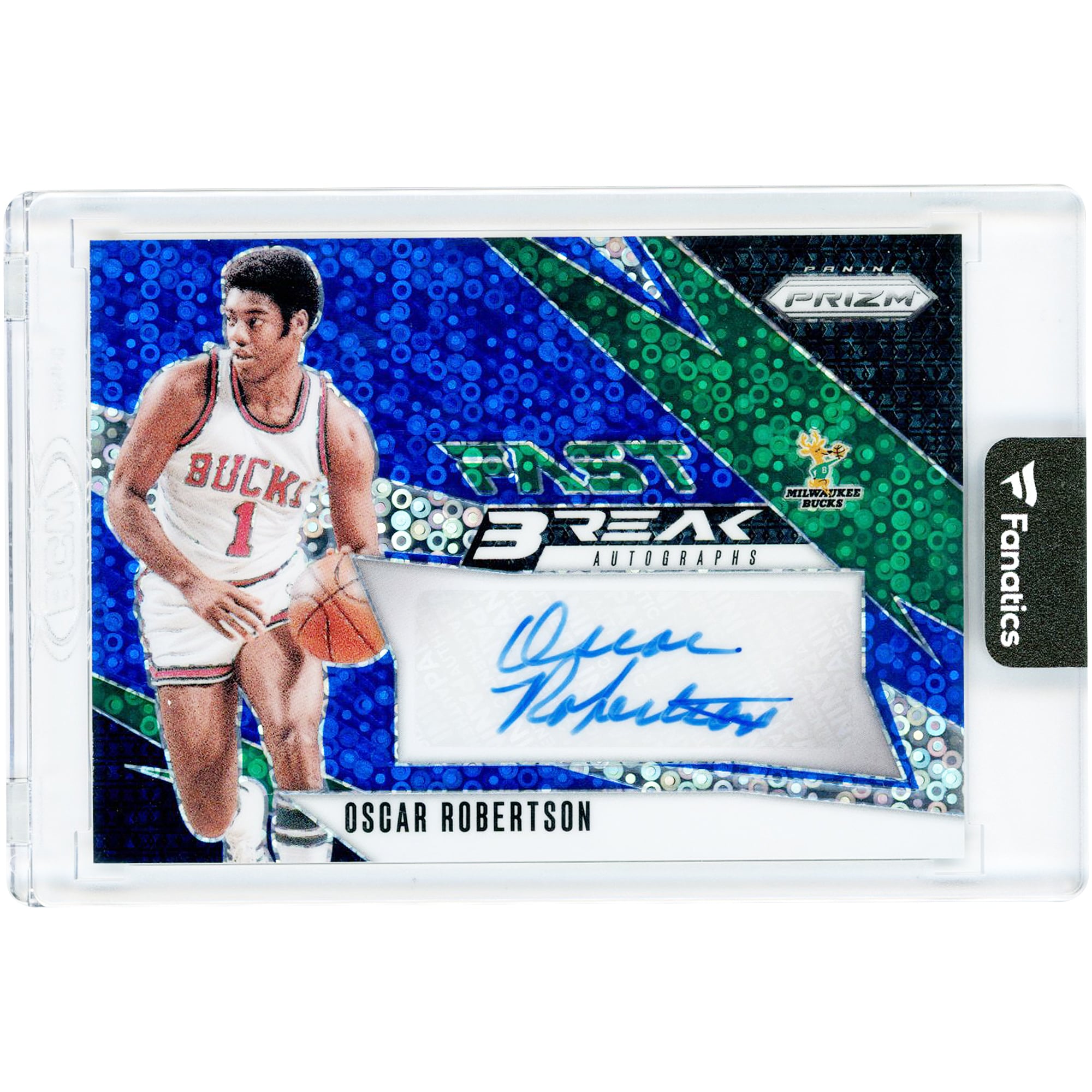 Carte autographiée d'Oscar Robertson (Milwaukee Bucks) 2024-25 Panini Prizm Fast Break Blue Prizm #FB-OSC #12/49