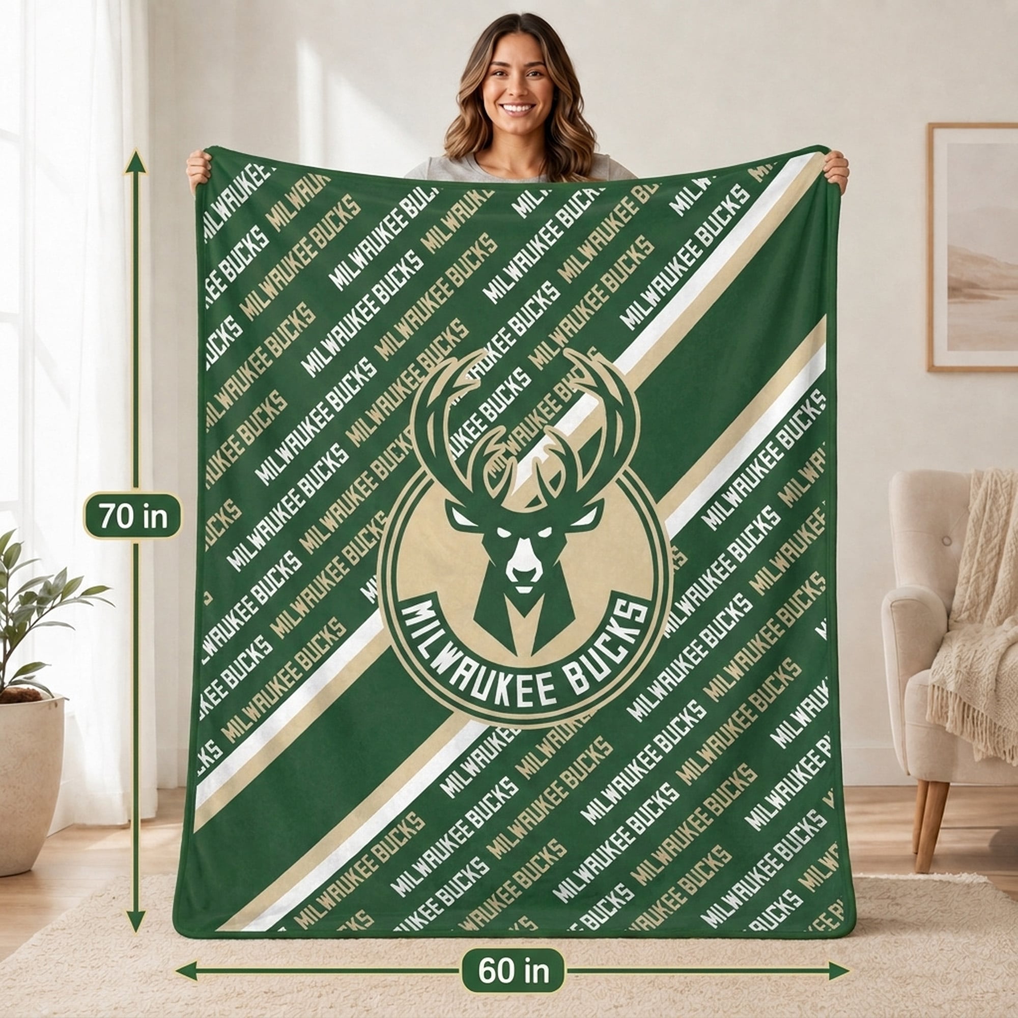 Couverture ultra douce Pegasus Milwaukee Bucks 60" x 70" (diagonale) avec logo et doublure