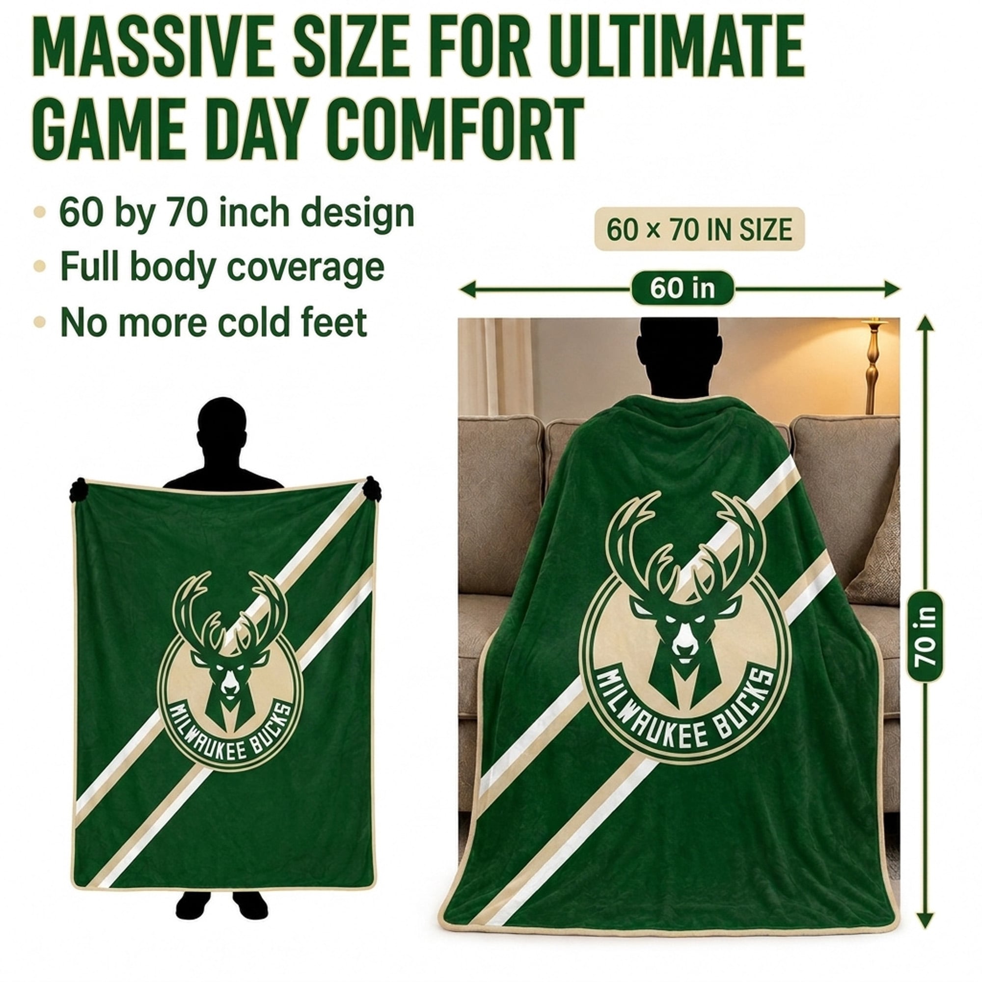 Couverture ultra douce Pegasus Milwaukee Bucks 60" x 70" (diagonale) avec logo et doublure