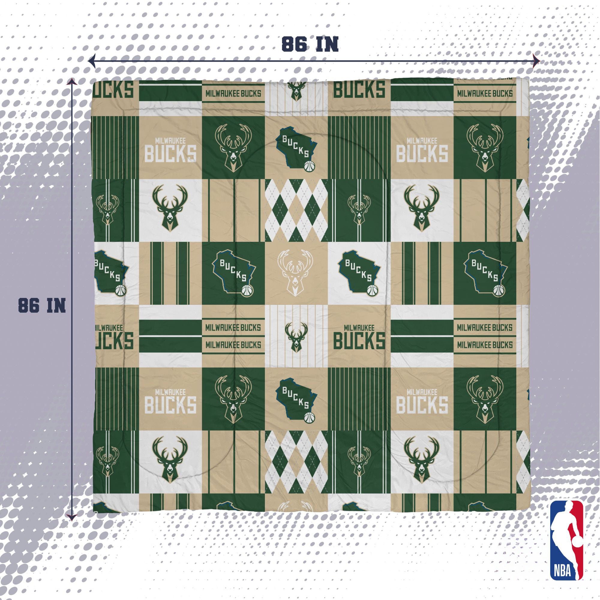 Ensemble de literie trois pièces Pegasus Milwaukee Bucks Patchwork Plaid pour lit double/queen