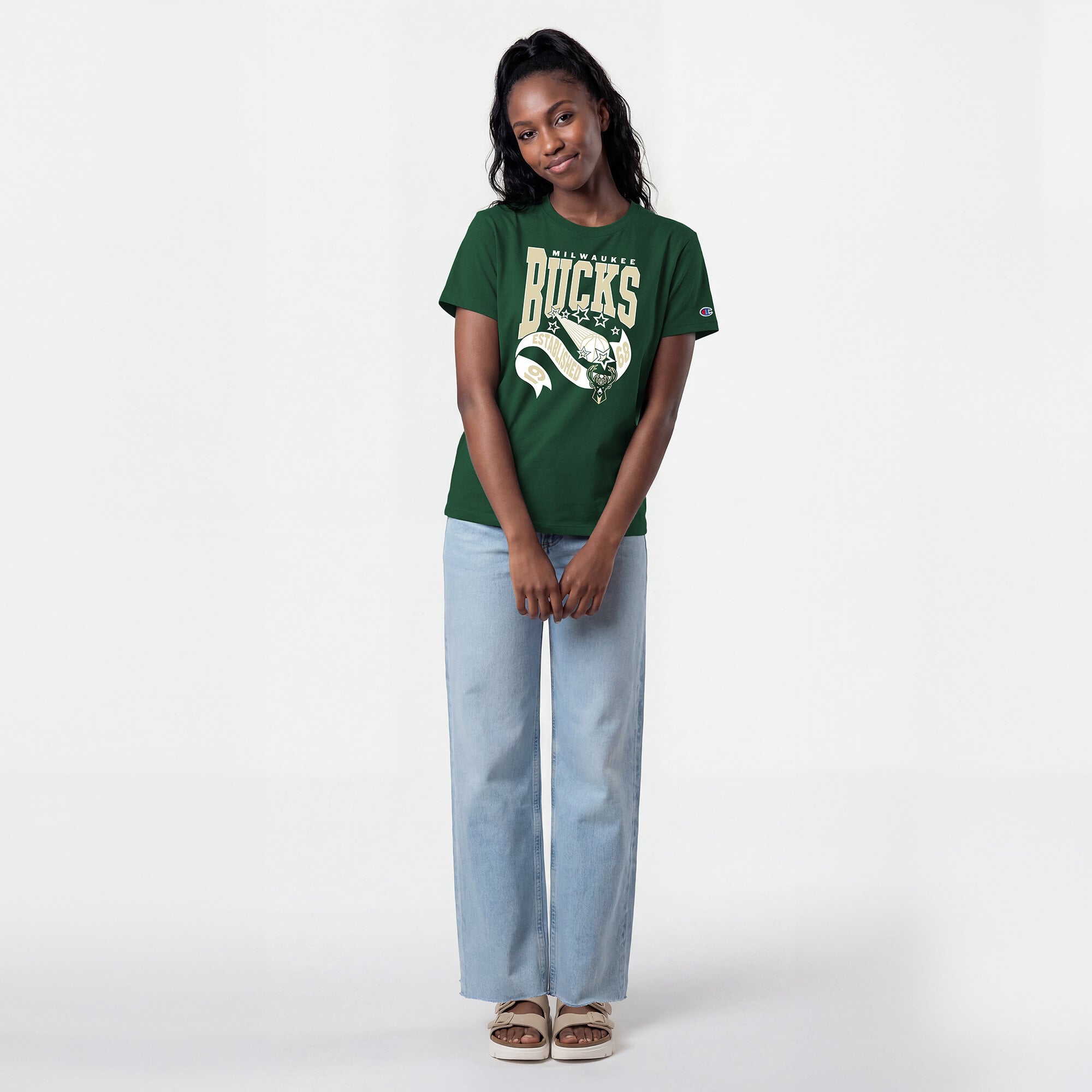 T-shirt Champion pour femmes, vert chasseur, Milwaukee Bucks, bannière