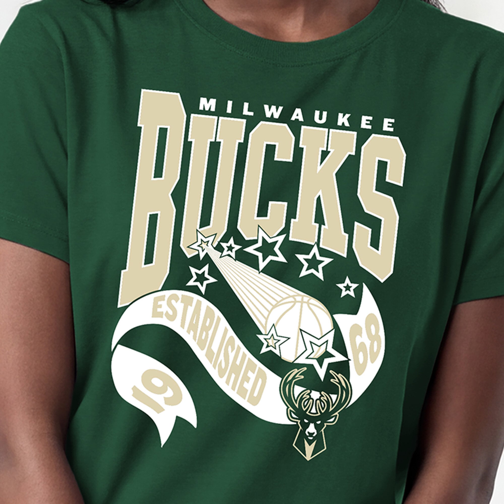 T-shirt Champion pour femmes, vert chasseur, Milwaukee Bucks, bannière
