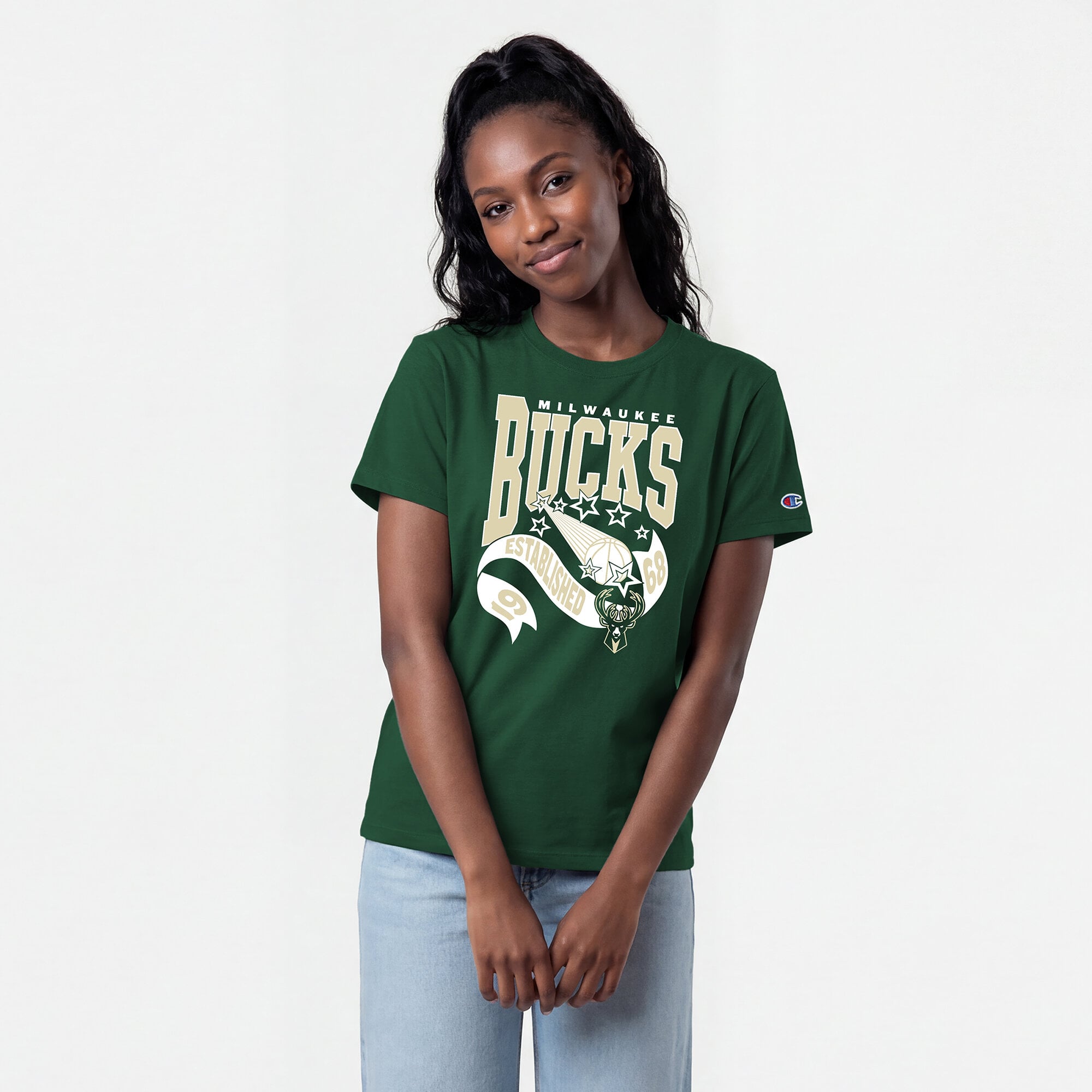 T-shirt Champion pour femmes, vert chasseur, Milwaukee Bucks, bannière