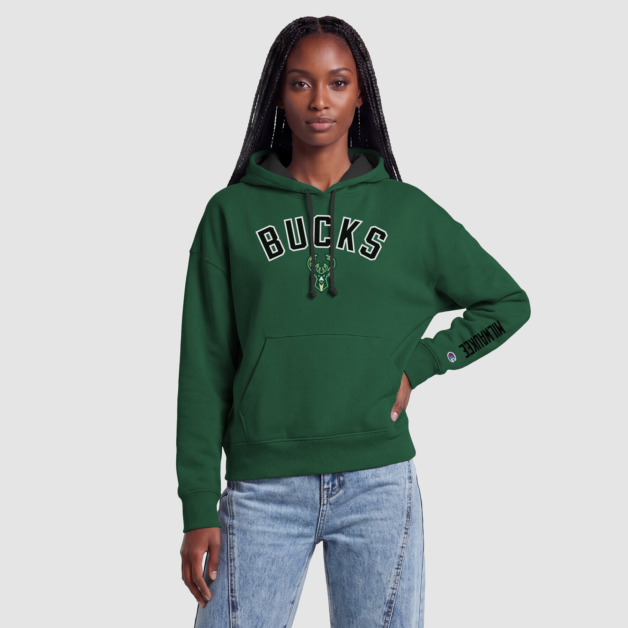 Sweat à capuche Champion vert chasseur pour femme, doublure contrastée Milwaukee Bucks