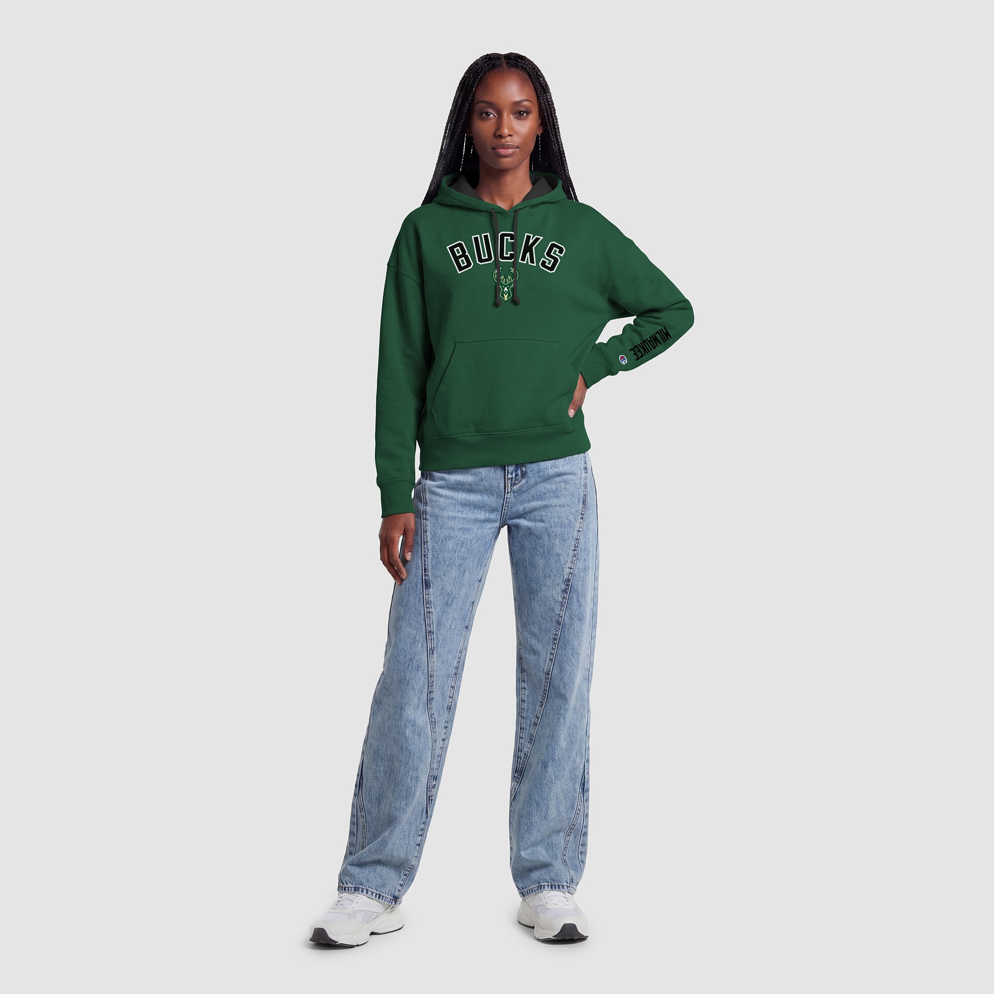 Sweat à capuche Champion vert chasseur pour femme, doublure contrastée Milwaukee Bucks