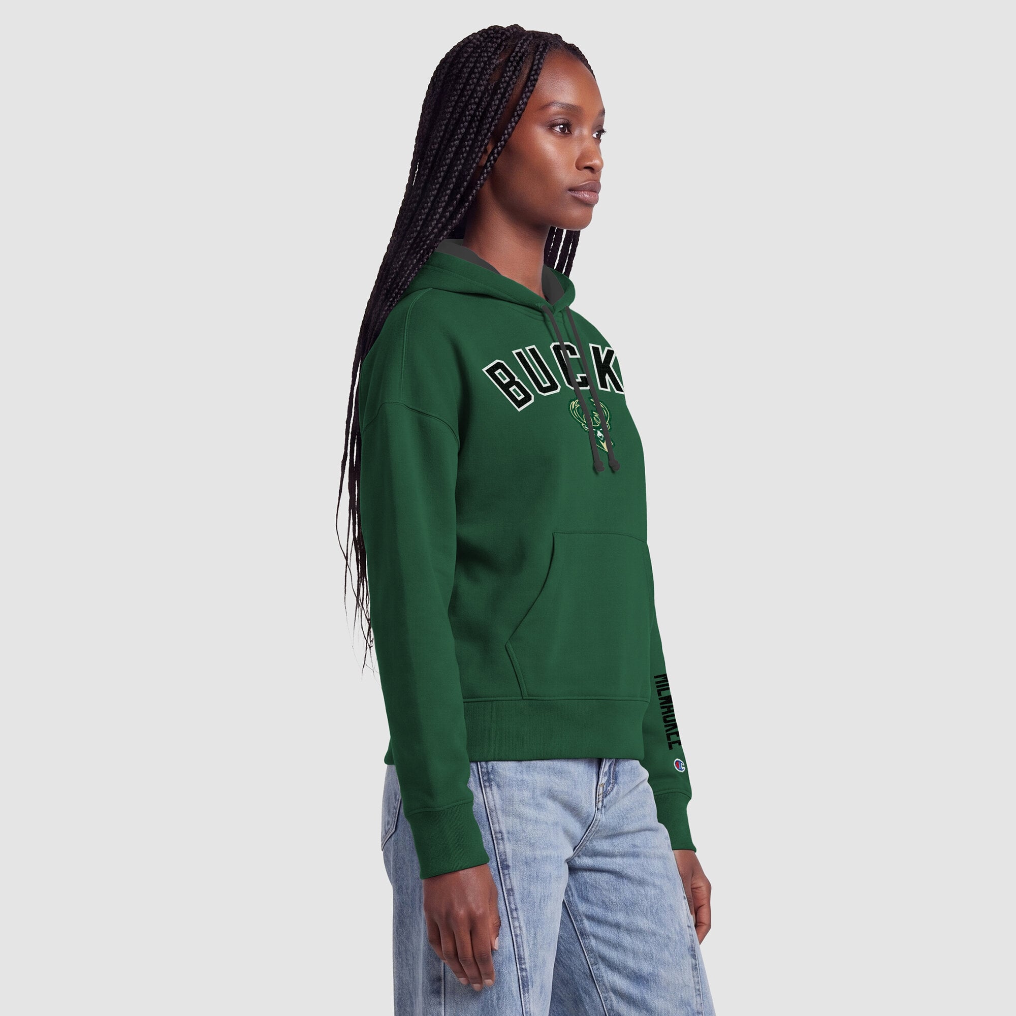 Sweat à capuche Champion vert chasseur pour femme, doublure contrastée Milwaukee Bucks