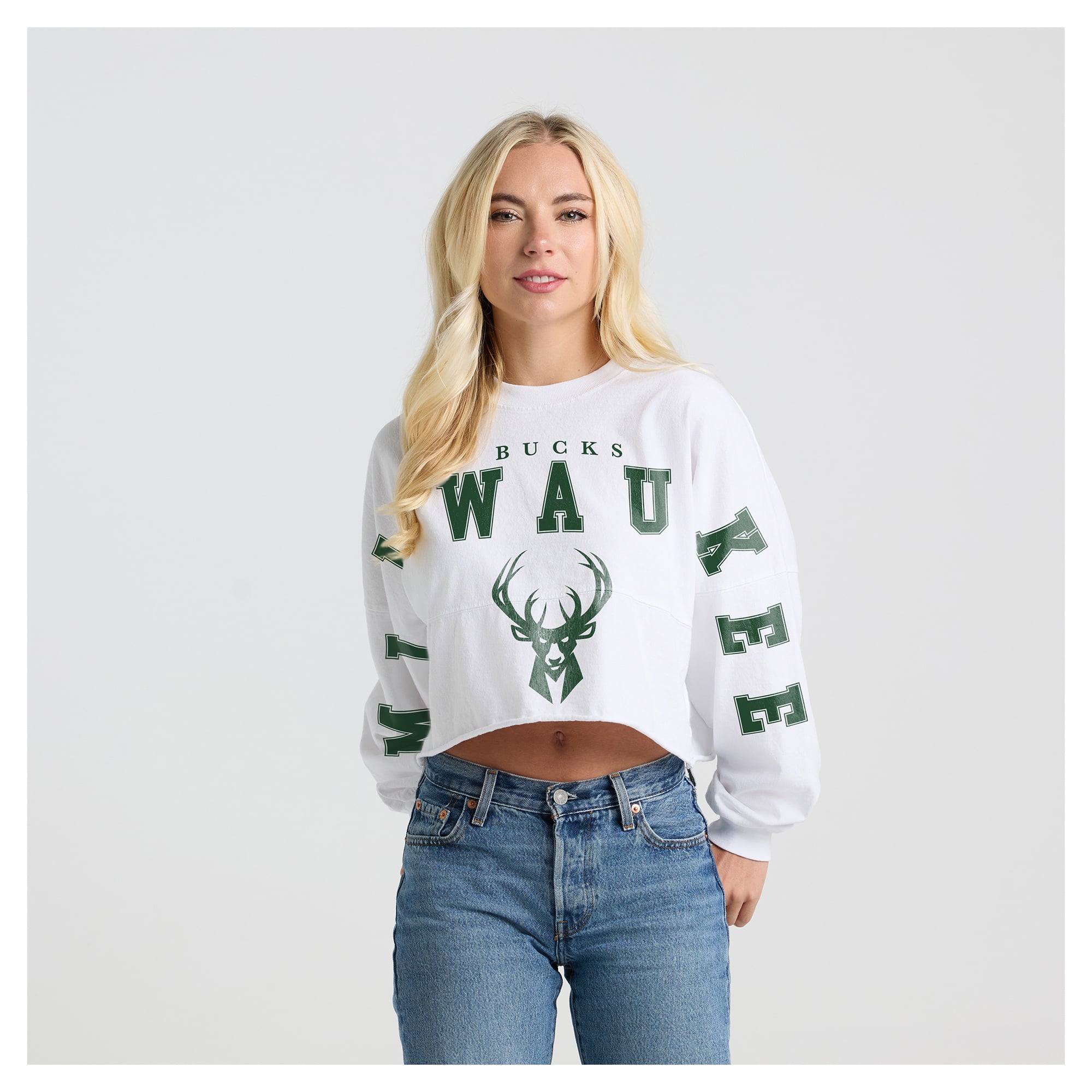 Women's Fanatics White Milwaukee Bucks Spirit Jersey Cropped Crew Neck Sweatshirt