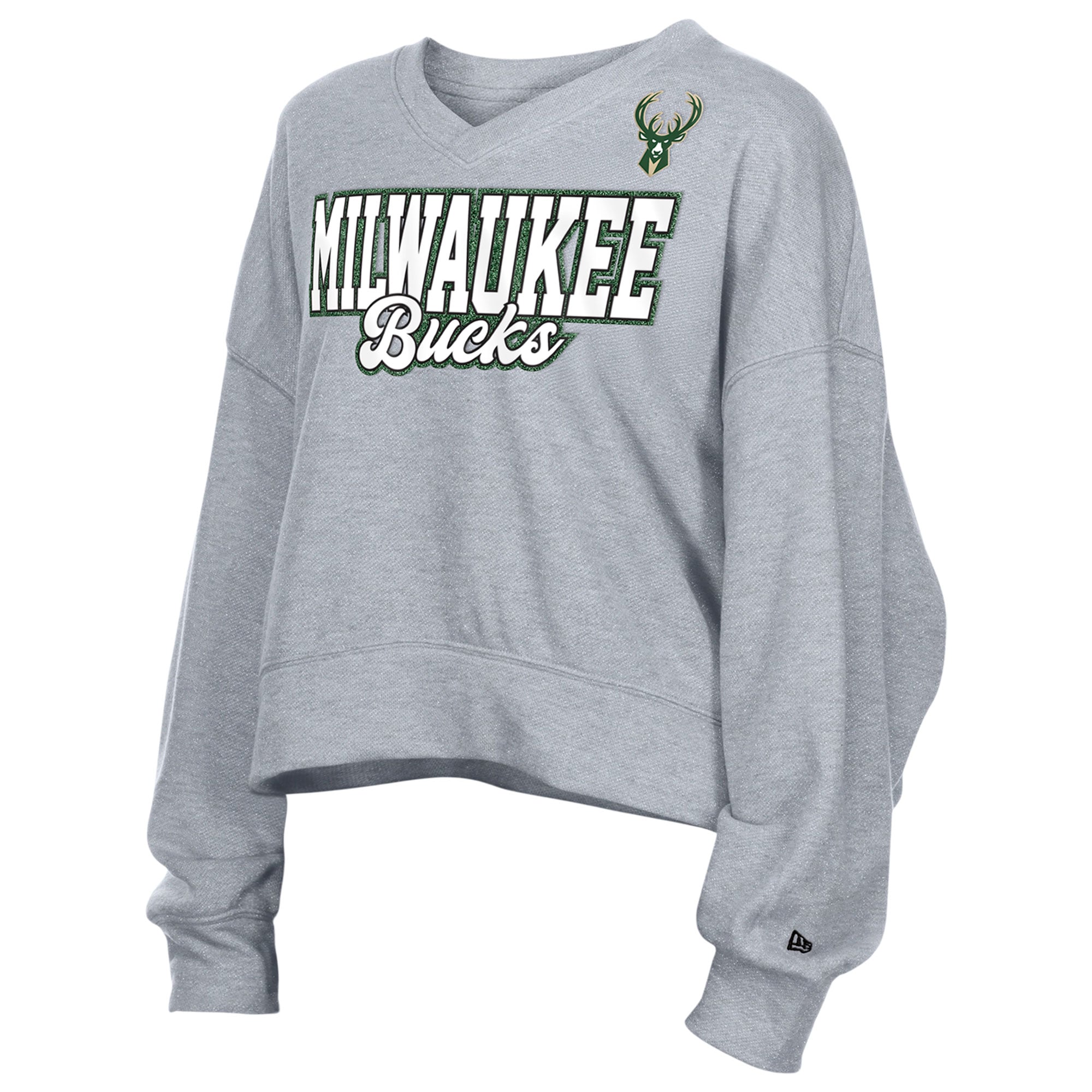 Sweat-shirt polaire court oversize à col en V New Era gris Milwaukee Bucks pour femme