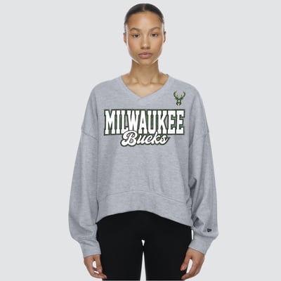 Milwaukee Bucks New Era Women's Oversized Cropped V-Neck Fleece Sweatshirt - Gray