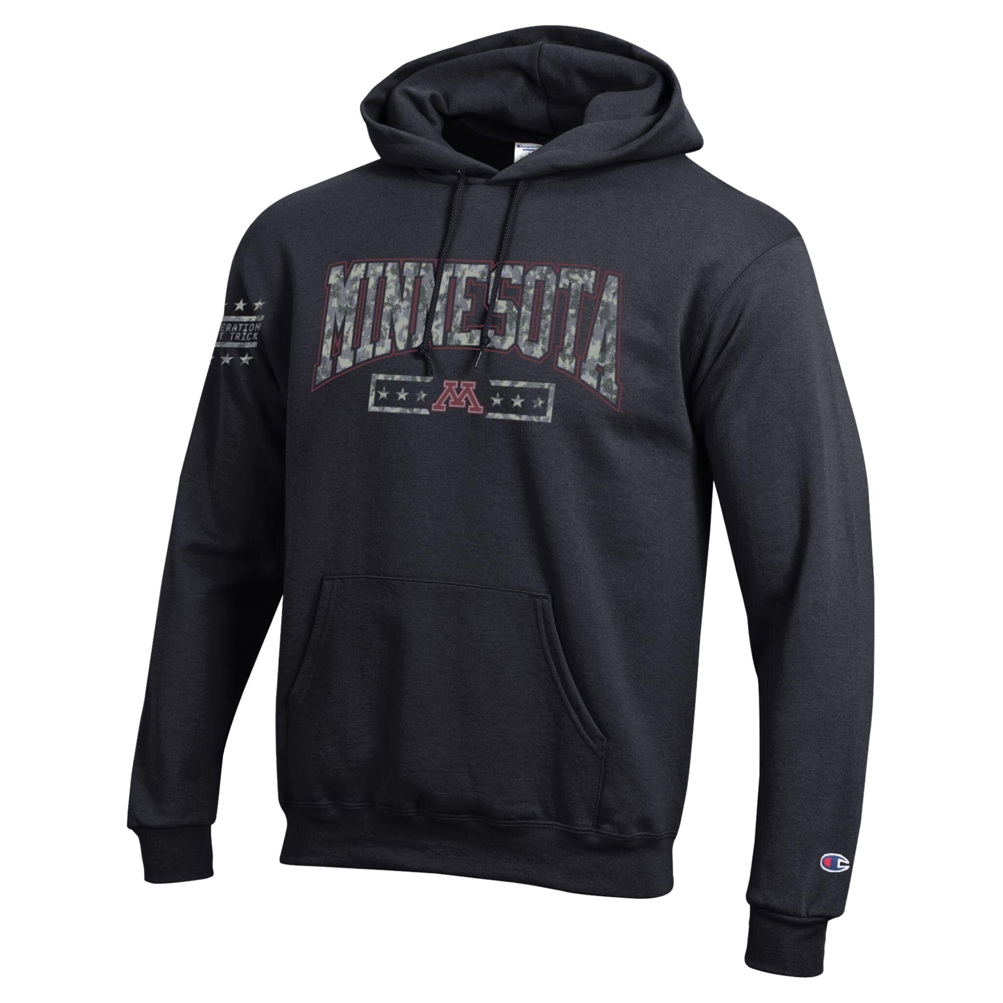 Sweat à capuche en polaire Powerblend Champion Black Minnesota Golden Gophers Operation Hat Trick Camo Script pour homme