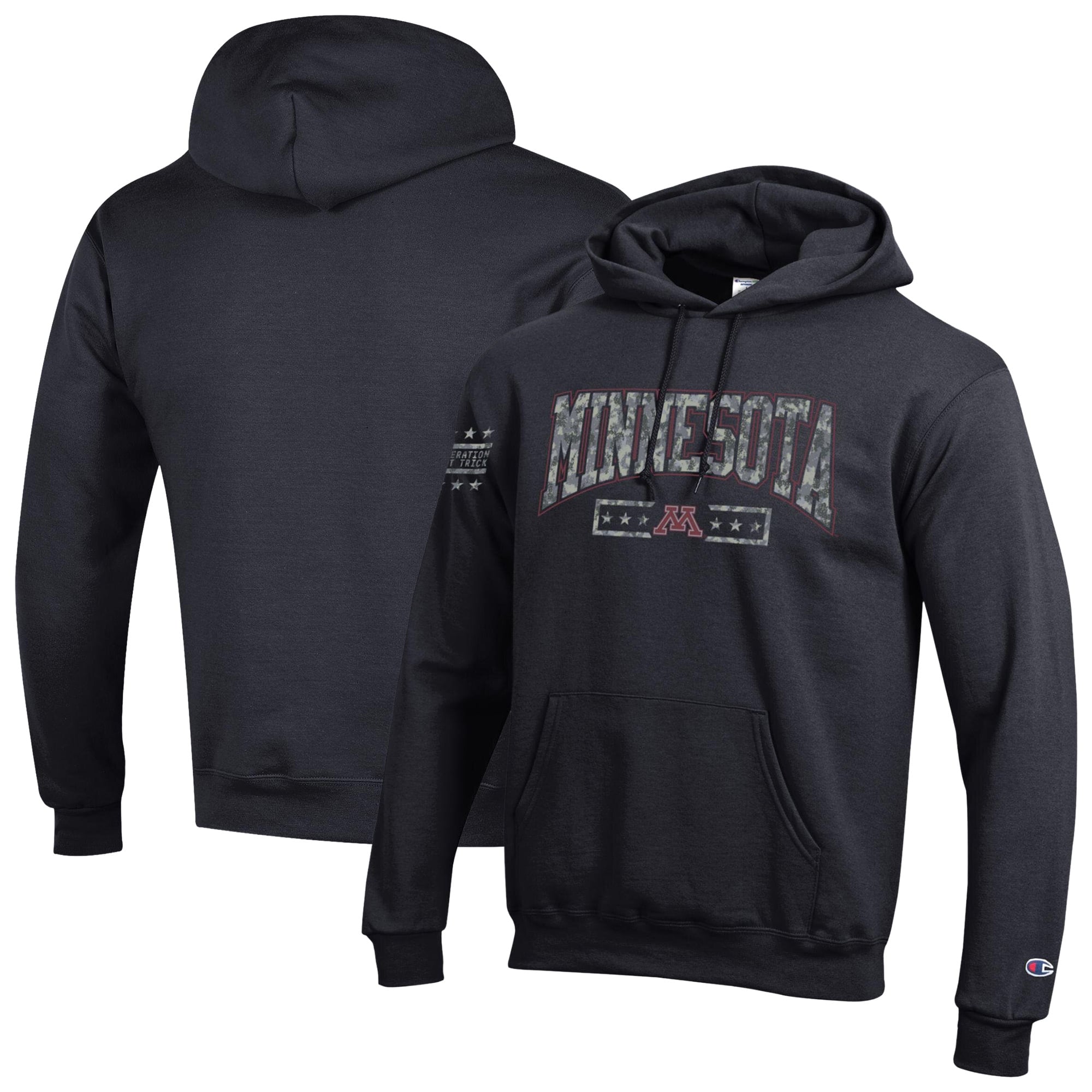 Sweat à capuche en polaire Powerblend Champion Black Minnesota Golden Gophers Operation Hat Trick Camo Script pour homme
