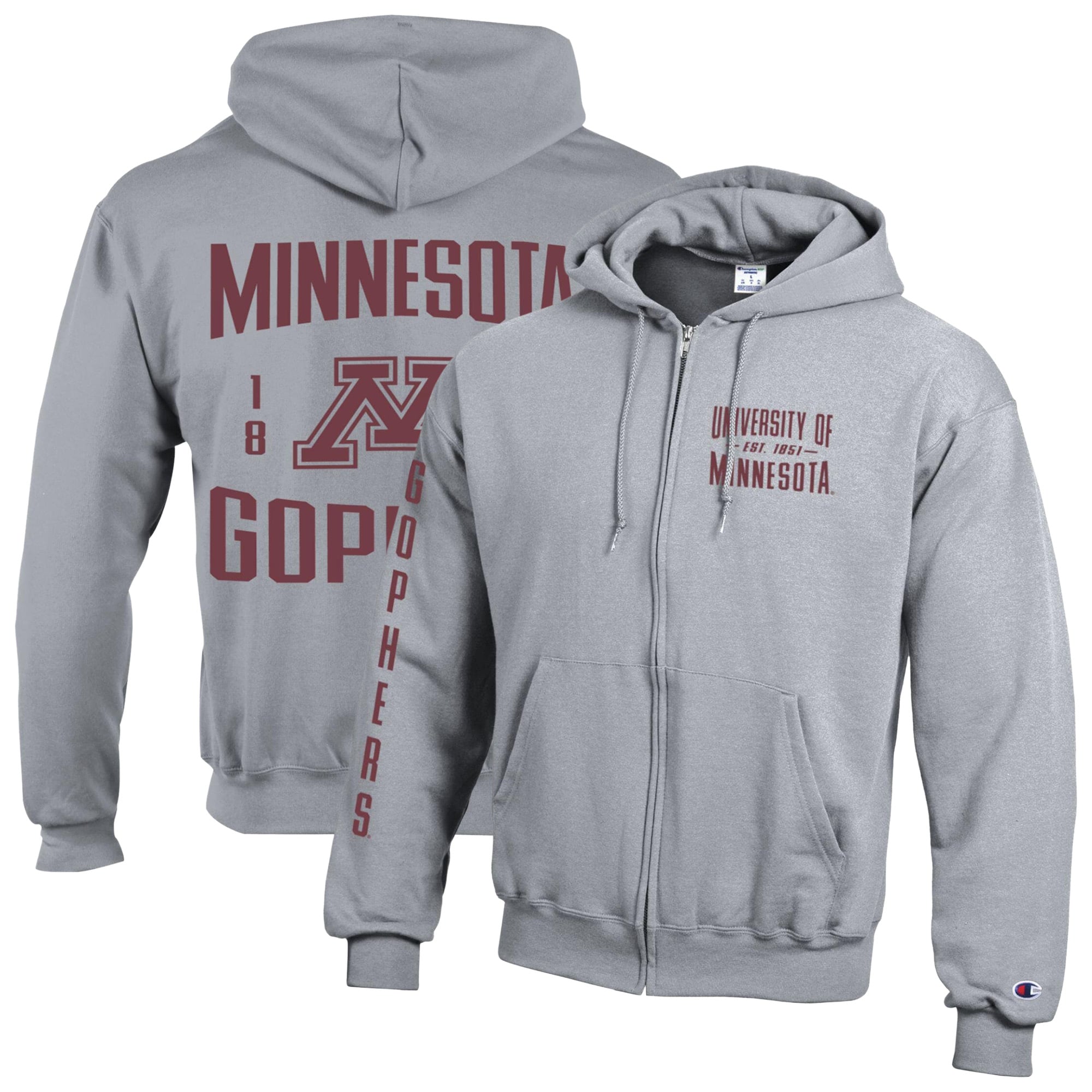 Men's Champion Heather Gray Minnesota Golden Gophers Varsity Powerblend Full-Zip Fleece Hoodie