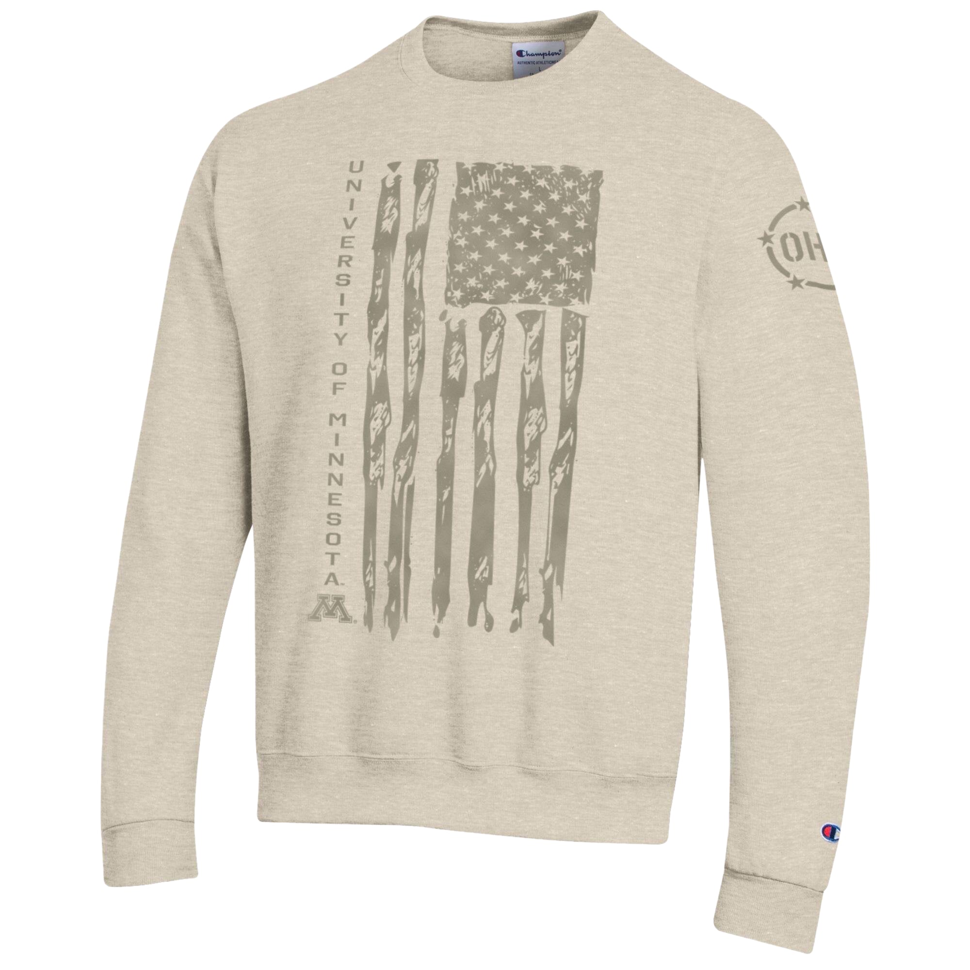 Men's Champion Oatmeal Minnesota Golden Gophers Operation Hat Trick Flag Fleece Crewneck Sweatshirt