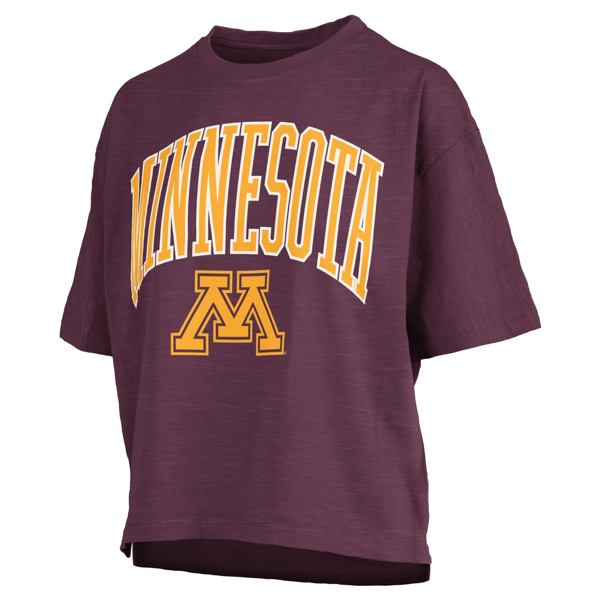 T-shirt oversize Pressbox Maroon Minnesota Golden Gophers pour femmes, logo Nelson Arch Over, en flammèche