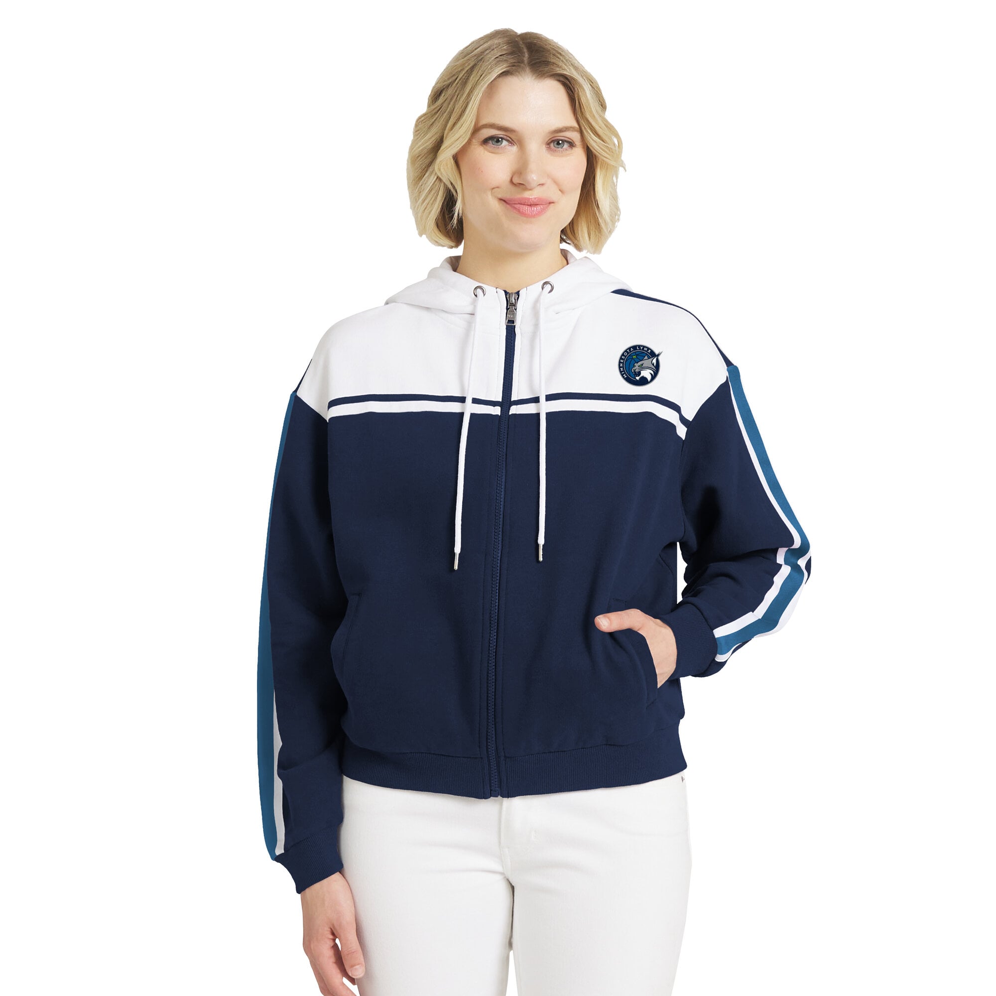 Sweat à capuche zippé WEAR by Erin Andrews bleu marine/blanc Minnesota Lynx blocs de couleurs