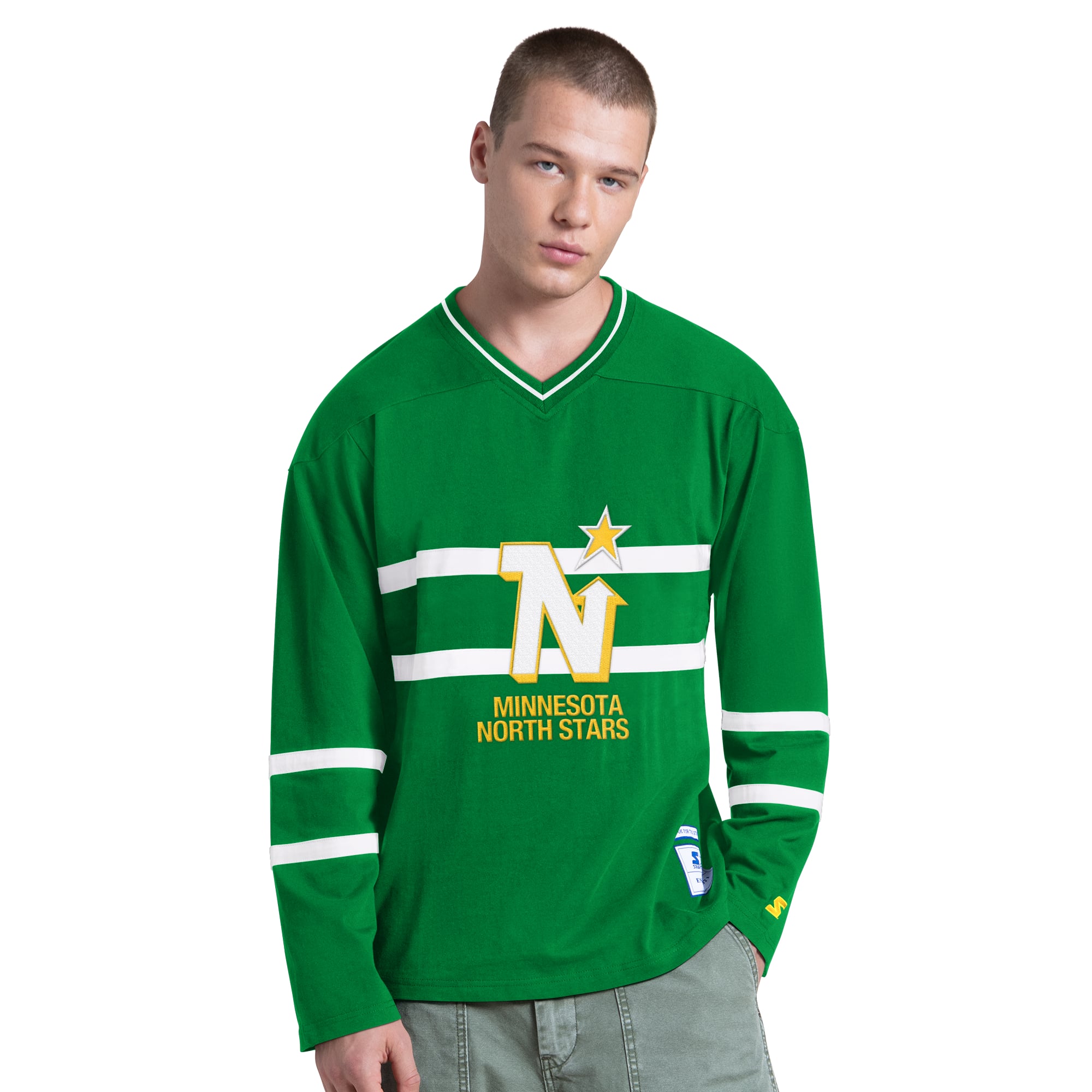 Men's Starter Kelly Green Minnesota North Stars Vintage Hockey Line Up Long Sleeve V-Neck T-Shirt