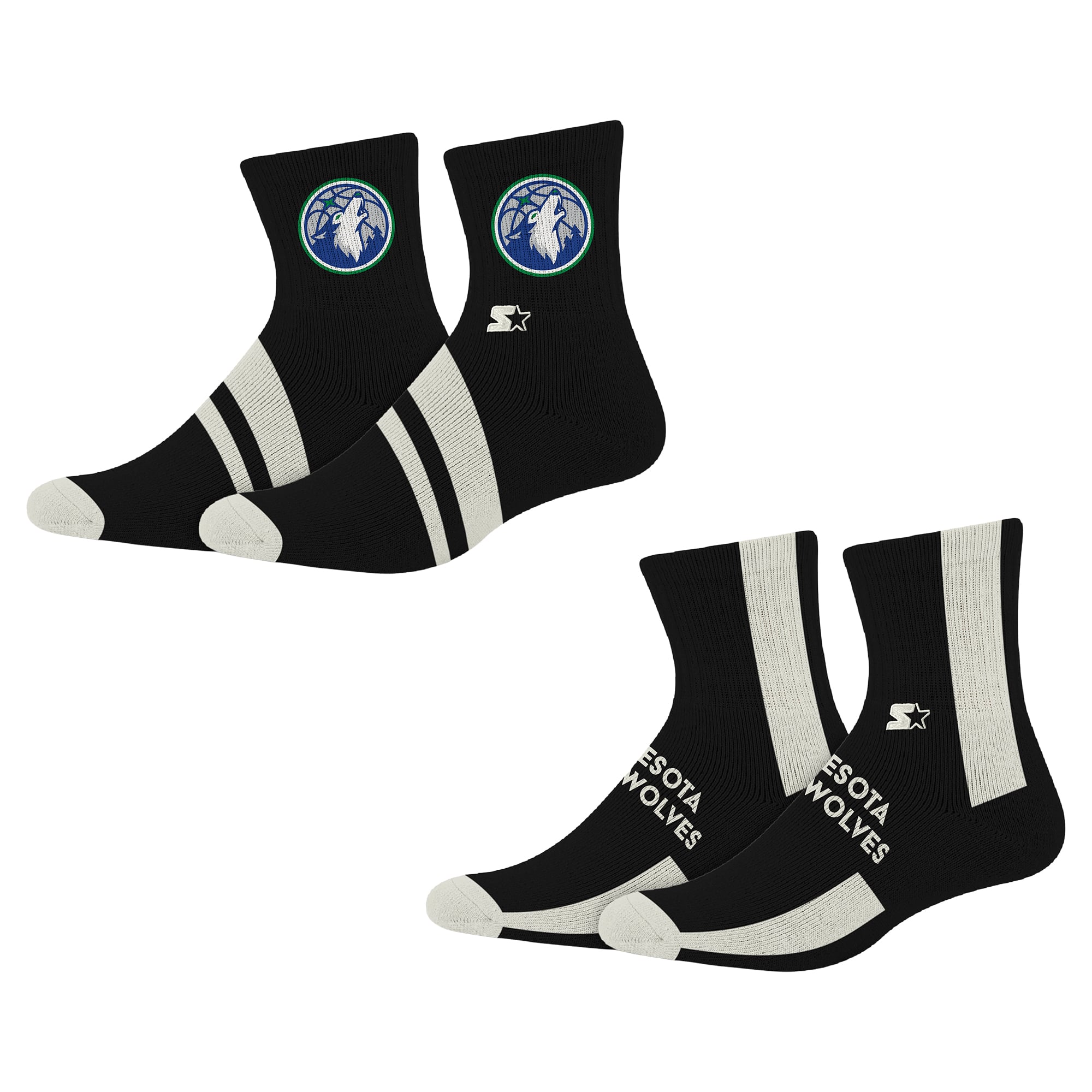 Chaussettes Starter noires Minnesota Timberwolves Summit Stripe, lot de 2 paires