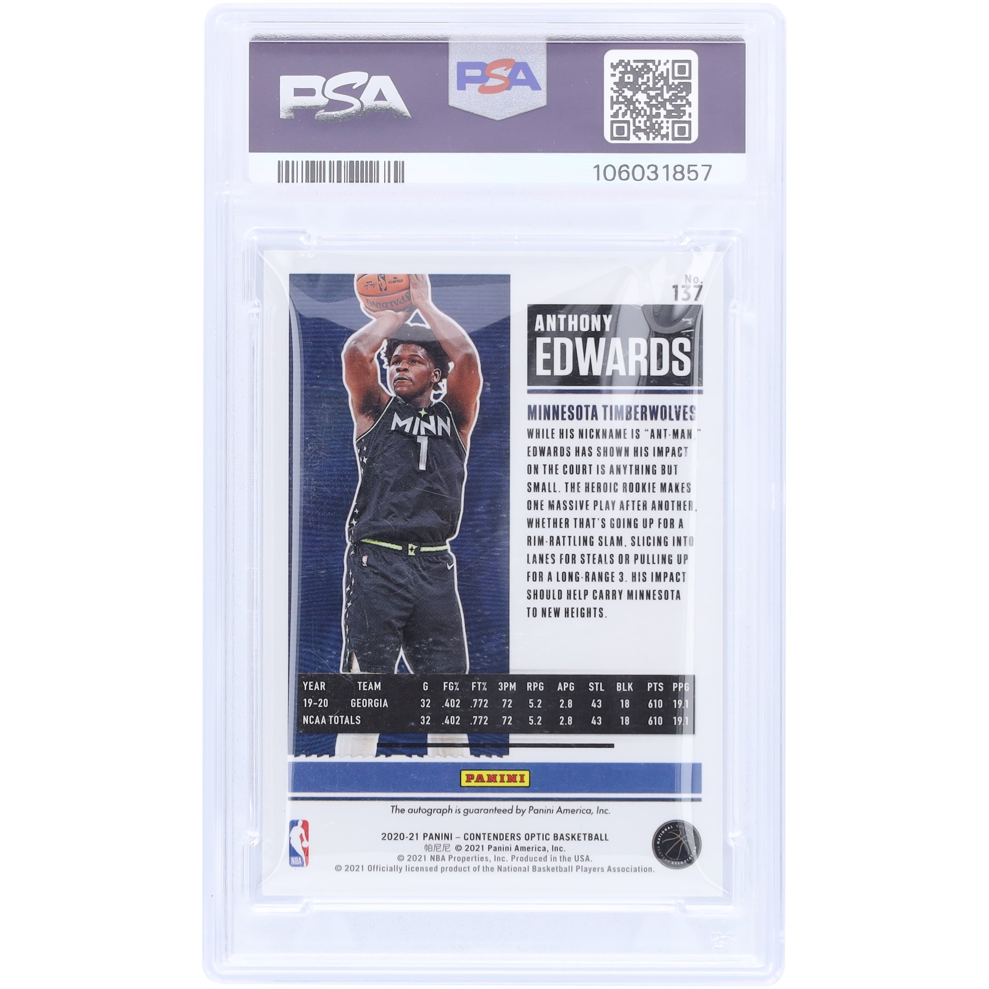 Anthony Edwards Minnesota Timberwolves Autographed 2020-21 Panini Contenders Optic Silver Prizm #137 PSA Authenticated 9 Rookie Card