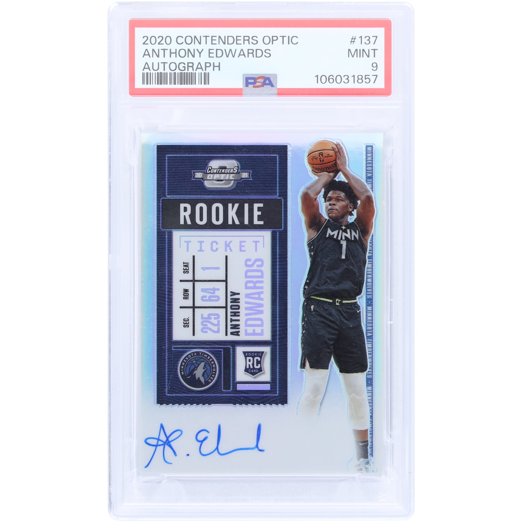Anthony Edwards Minnesota Timberwolves Autographed 2020-21 Panini Contenders Optic Silver Prizm #137 PSA Authenticated 9 Rookie Card