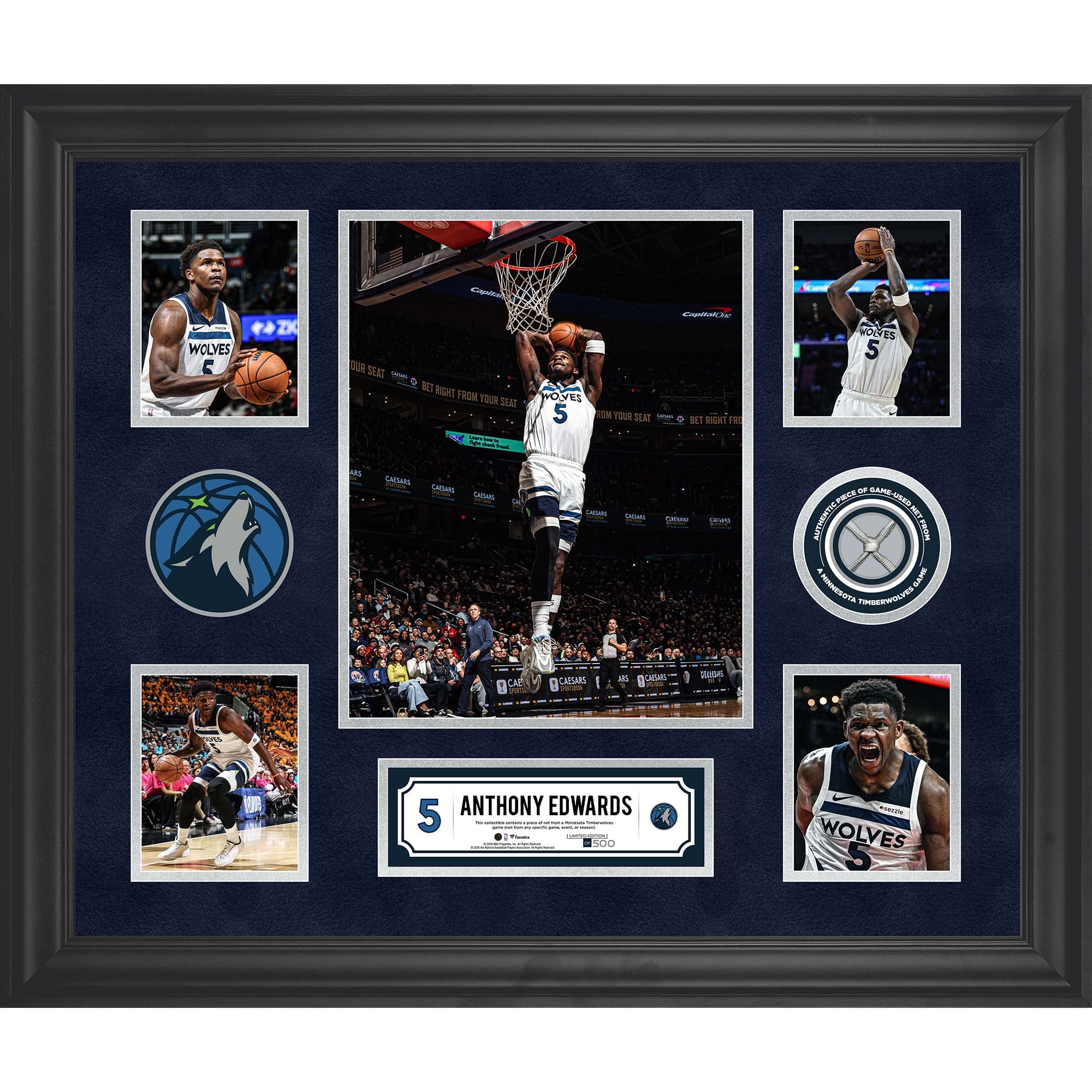 Anthony Edwards Minnesota Timberwolves Framed 5-Photo Collage with a Piece of Game-Used Net - Limited Edition of 500