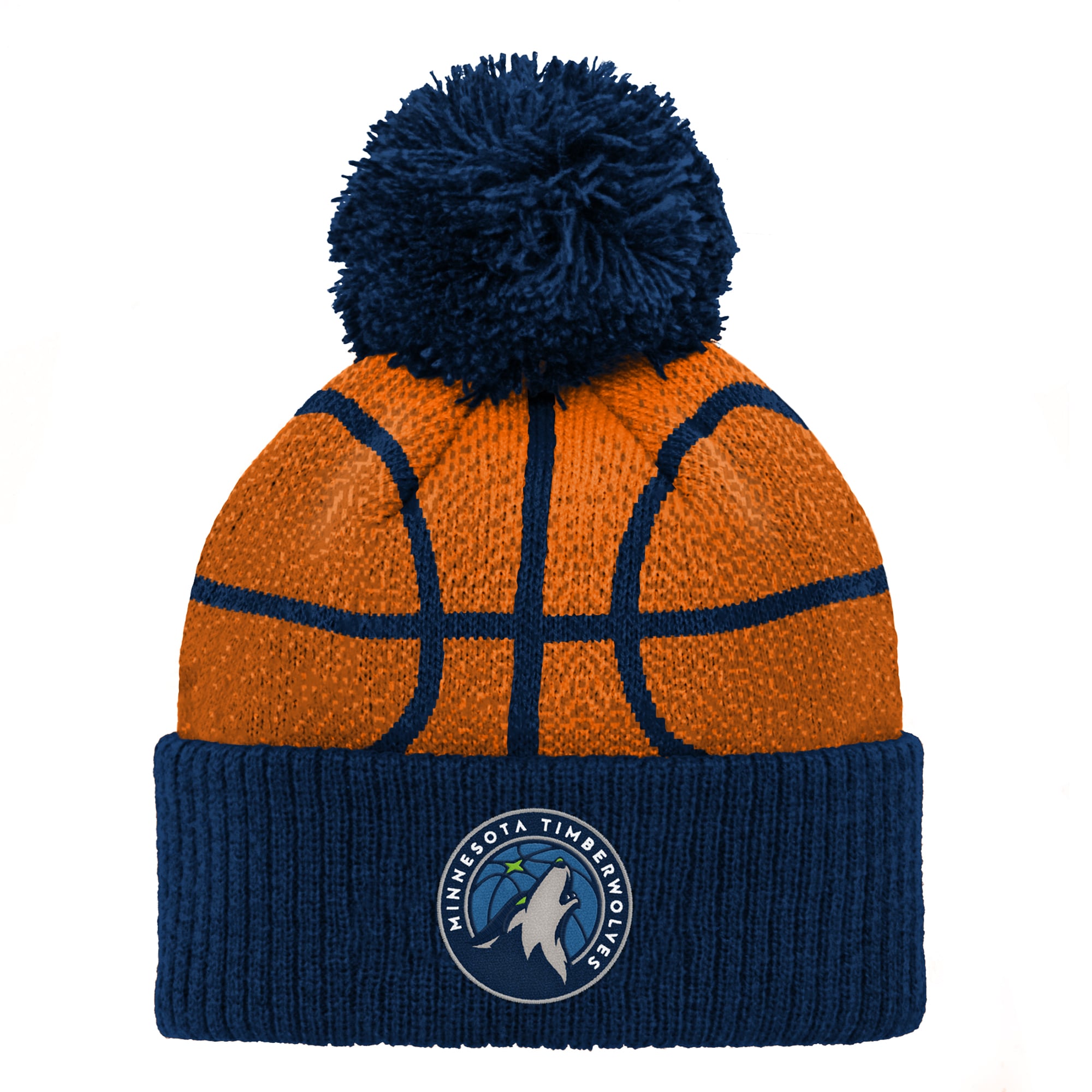 Bonnet en maille à revers avec pompon, motif tête de basketteur des Minnesota Timberwolves, bleu marine pour bébé