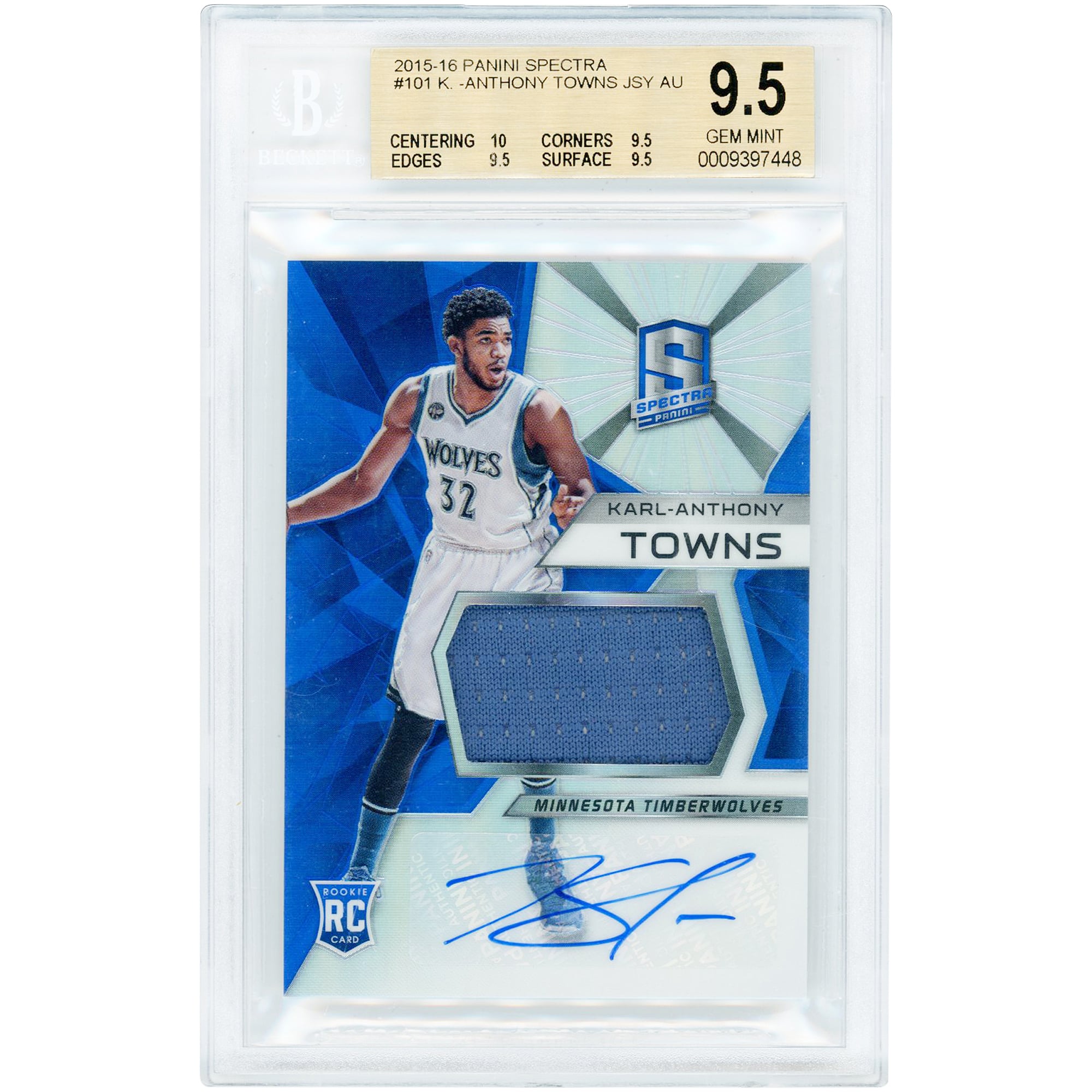 Karl-Anthony Towns Minnesota Timberwolves Autographed 2015-16 Panini Spectra Jersey Relic #101 BGS Authenticated 9.5/10 Rookie Card - 10,9.5,9.5,9.5 Subgrades