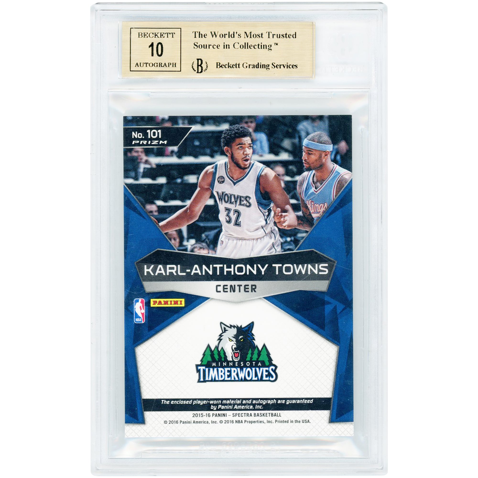 Karl-Anthony Towns Minnesota Timberwolves Autographed 2015-16 Panini Spectra Jersey Relic #101 BGS Authenticated 9.5/10 Rookie Card - 10,9.5,9.5,9.5 Subgrades