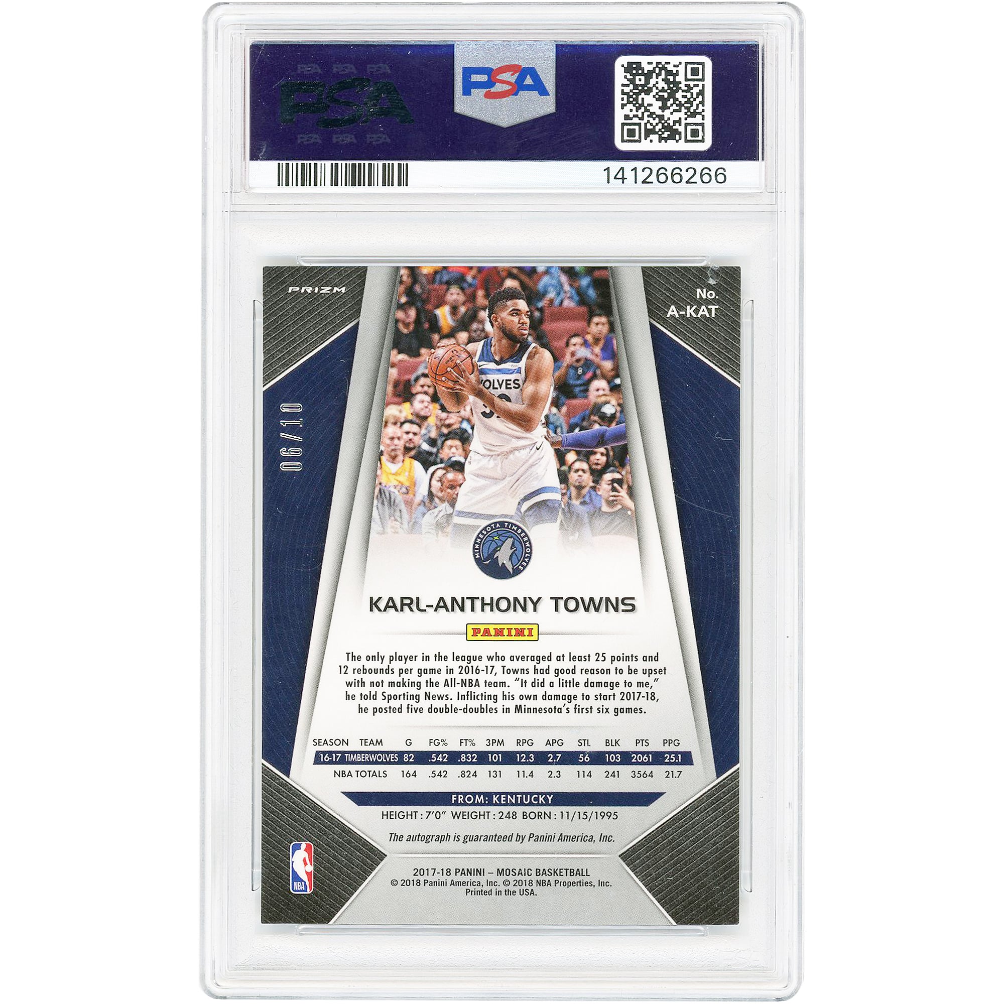 Karl-Anthony Towns Minnesota Timberwolves Autographed 2017 Panini Prizm Mosaic Gold #A-KAT #6/10 PSA Authenticated 8 Card