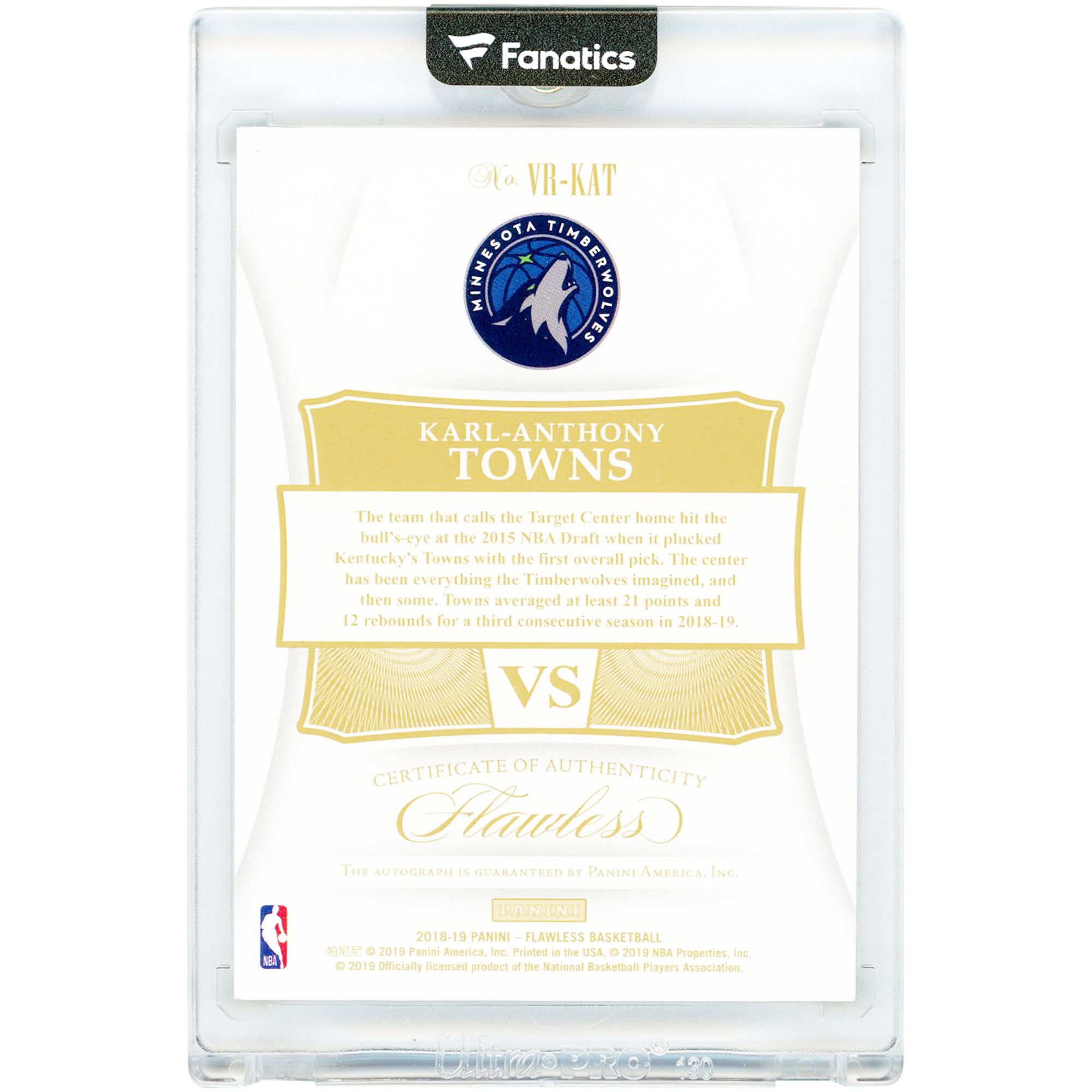 Karl-Anthony Towns Minnesota Timberwolves Autographed 2018-19 Panini Flawless Gold #VR-KAT #10/10 Card