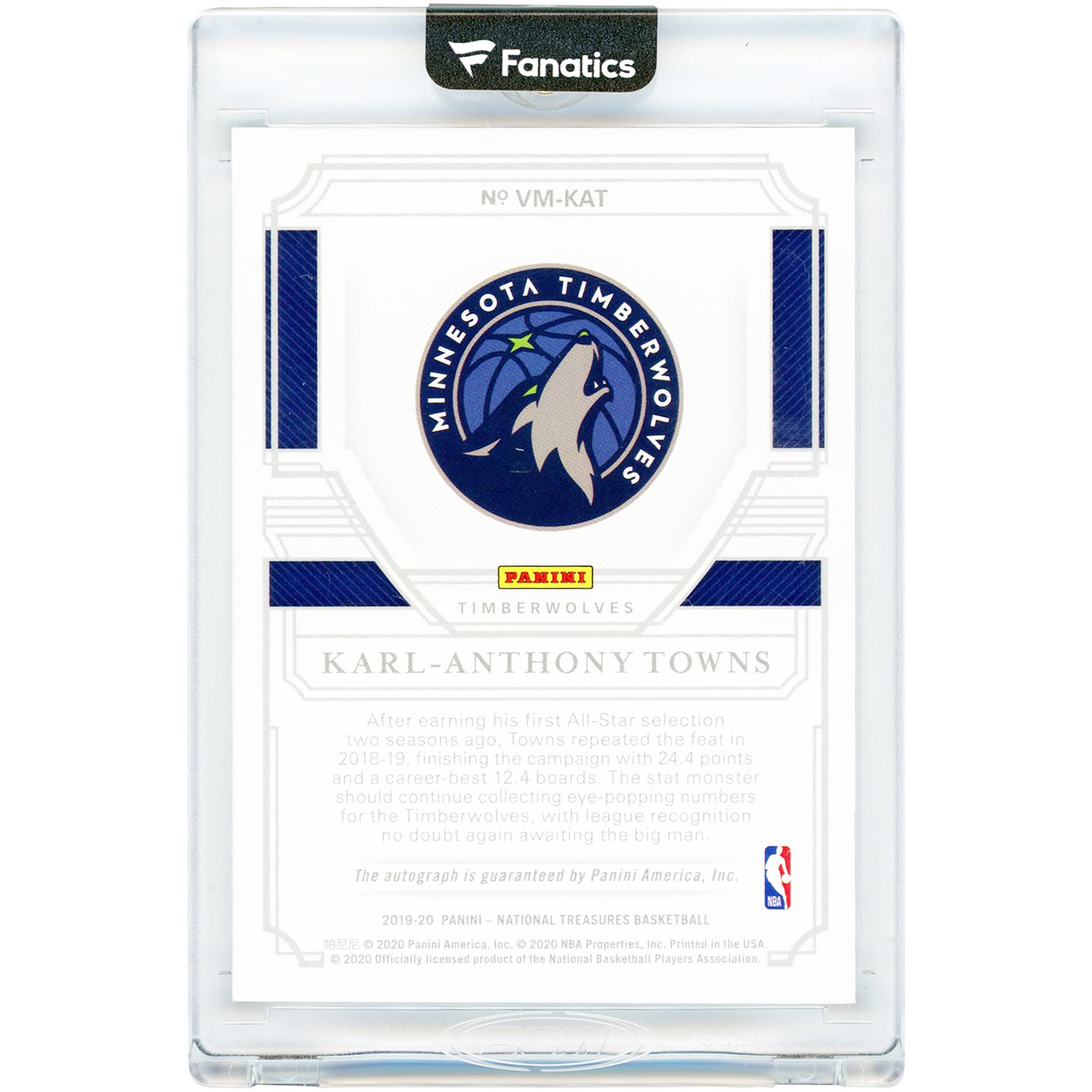 Karl-Anthony Towns Minnesota Timberwolves Autographed 2019-20 Panini National Treasures Validating Marks #VM-KAT #19/25 Card