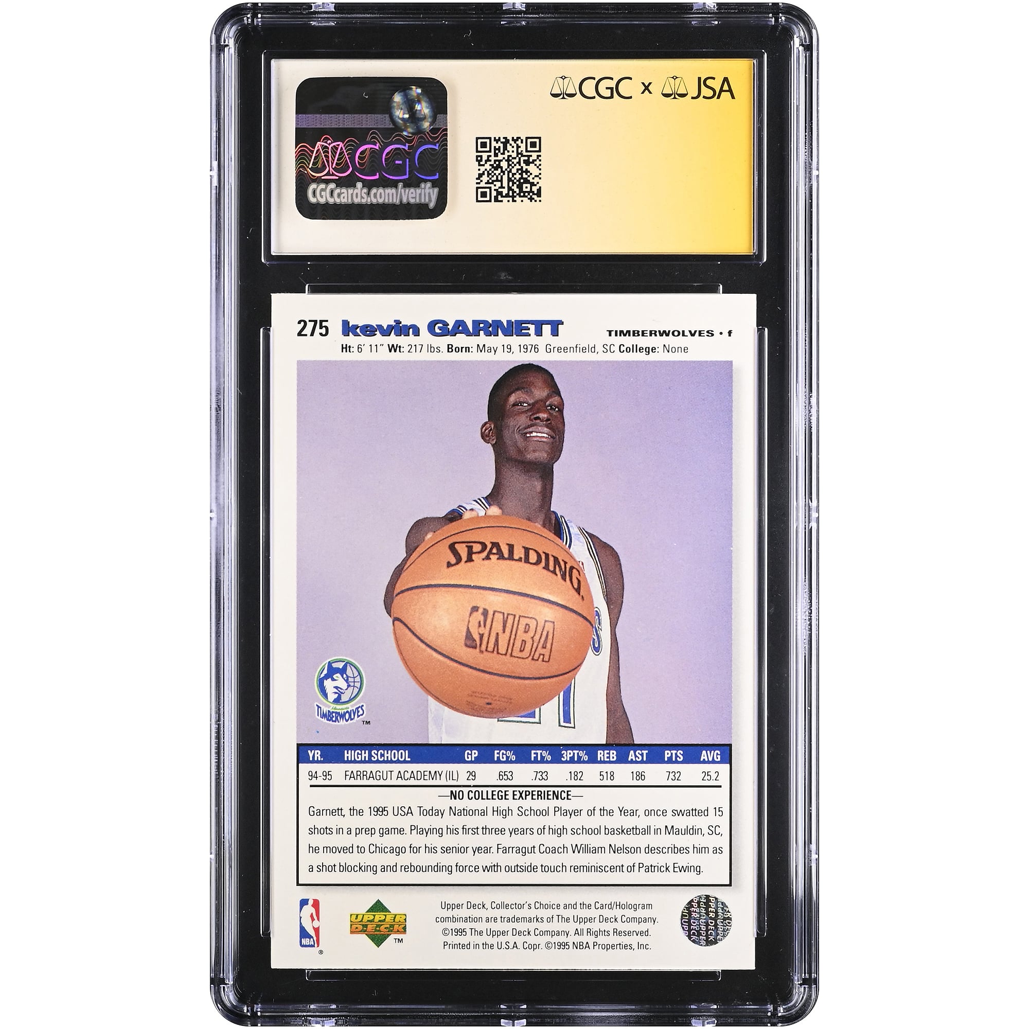 Carte de recrue autographiée de Kevin Garnett, Minnesota Timberwolves, 1995-96 Collector's Choice n° 275, authentifiée CGC Fanatics Witnessed (9/10).
