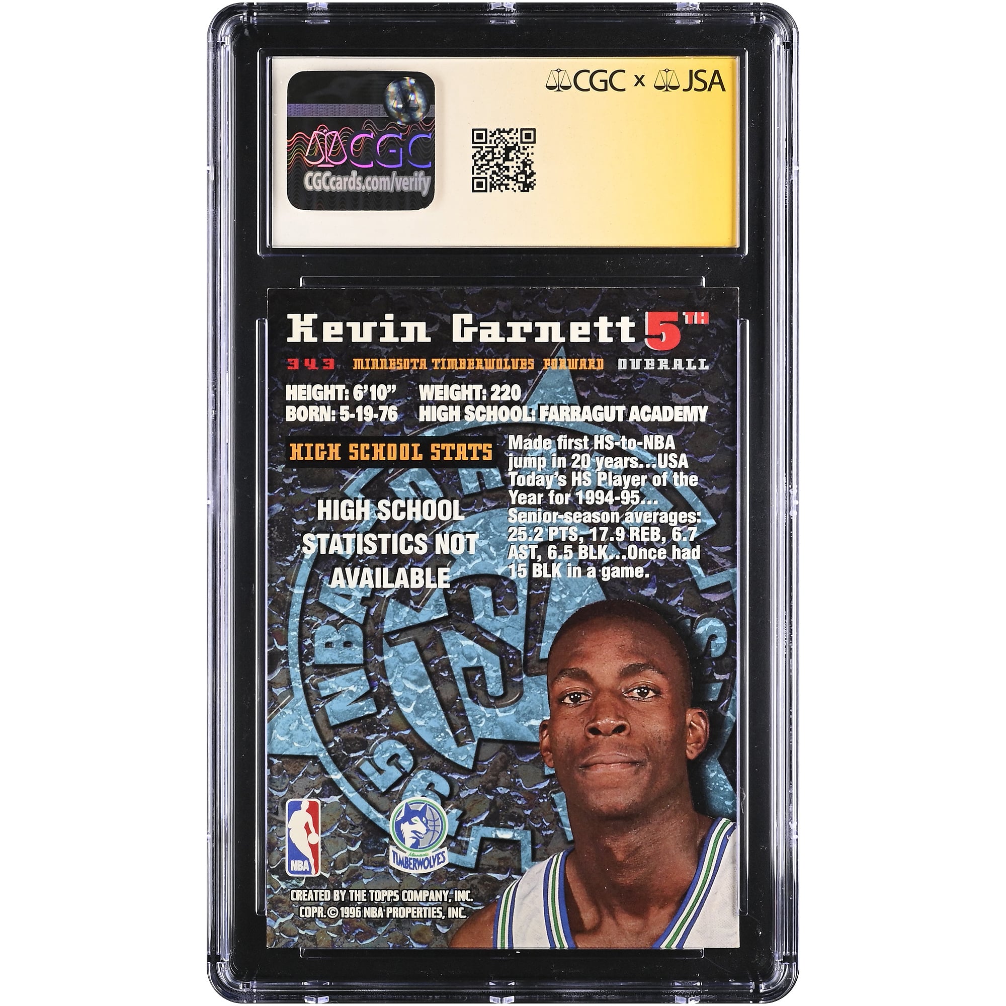 Carte de recrue autographiée de Kevin Garnett, Minnesota Timberwolves, saison 1995-96, Stadium Club n° 343
