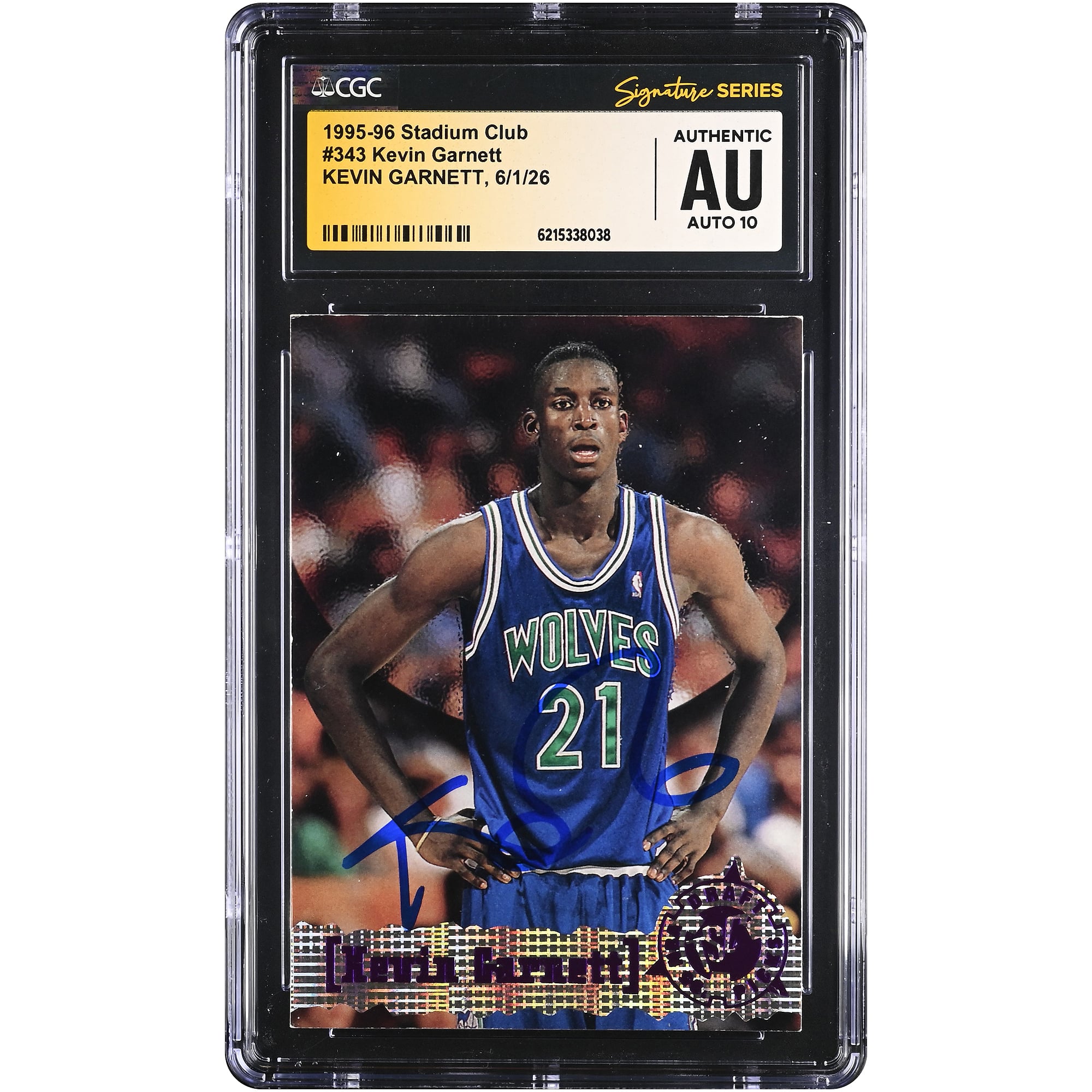 Carte de recrue autographiée de Kevin Garnett, Minnesota Timberwolves, saison 1995-96, Stadium Club n° 343