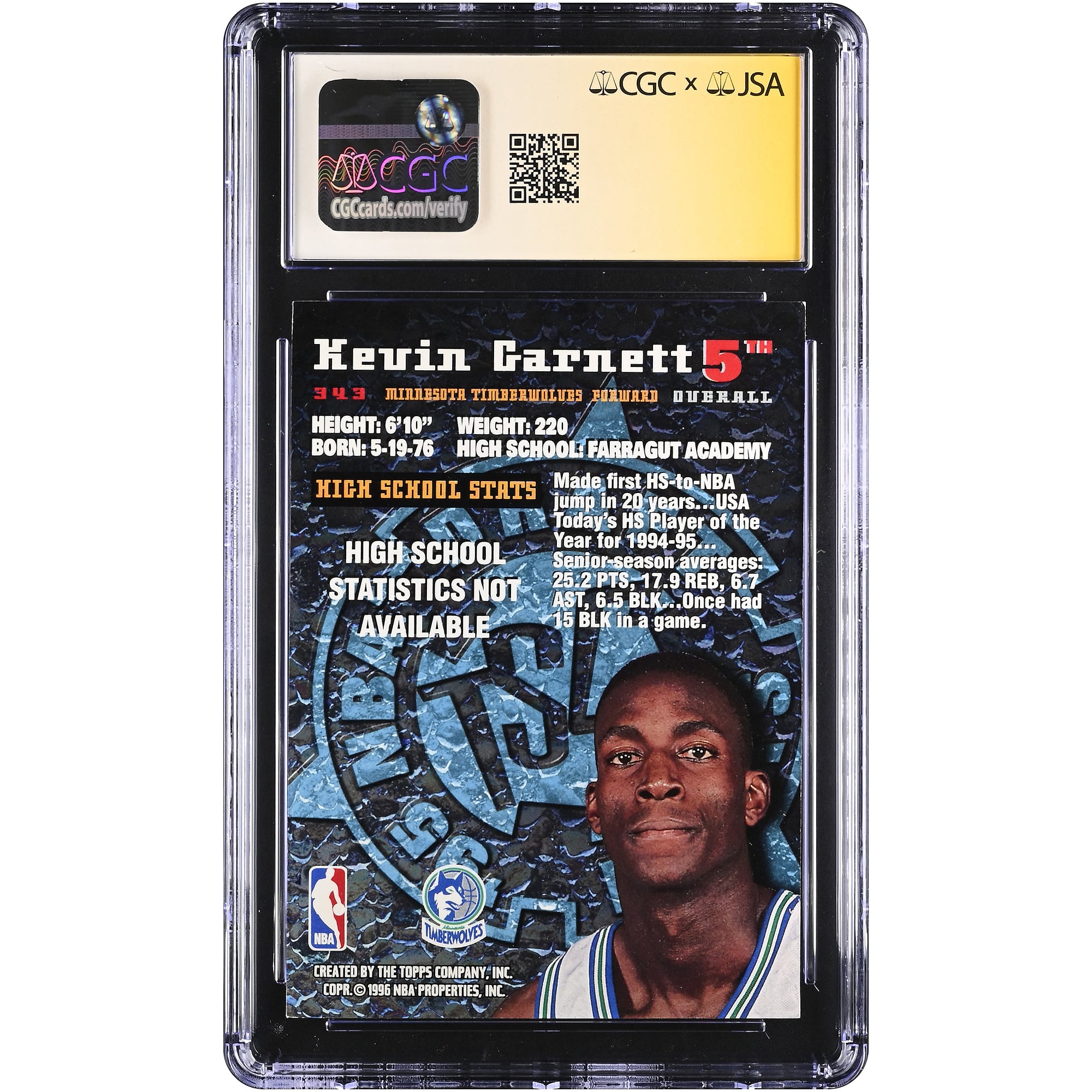 Kevin Garnett Minnesota Timberwolves Autographed 1995-96 Stadium Club #343 CGC Fanatics Witnessed Authenticated Rookie Card