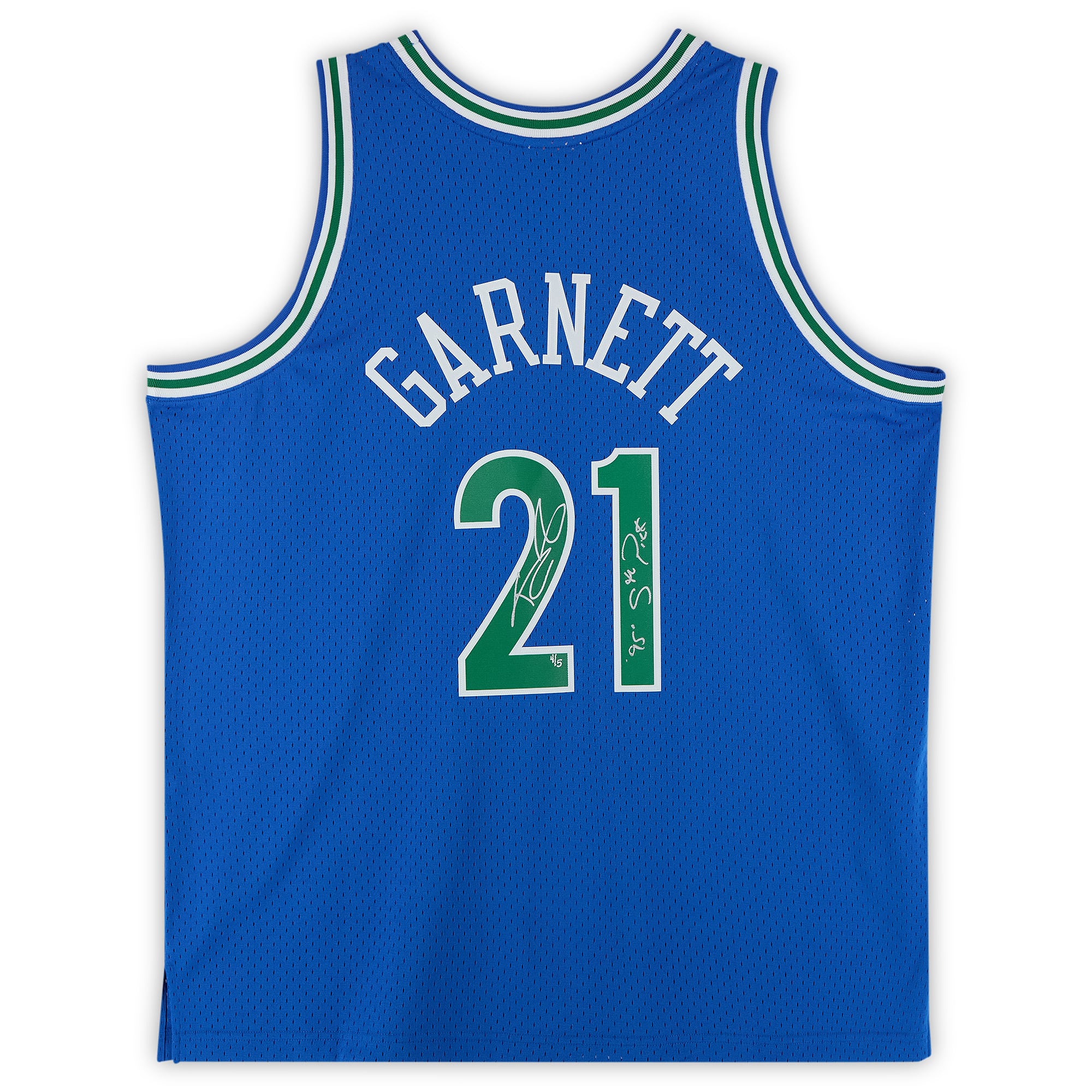 Maillot Swingman bleu Mitchell & Ness 1995-96 autographié par Kevin Garnett des Minnesota Timberwolves, avec inscription « 5e choix de draft 1995 » - Édition limitée à 5 exemplaires