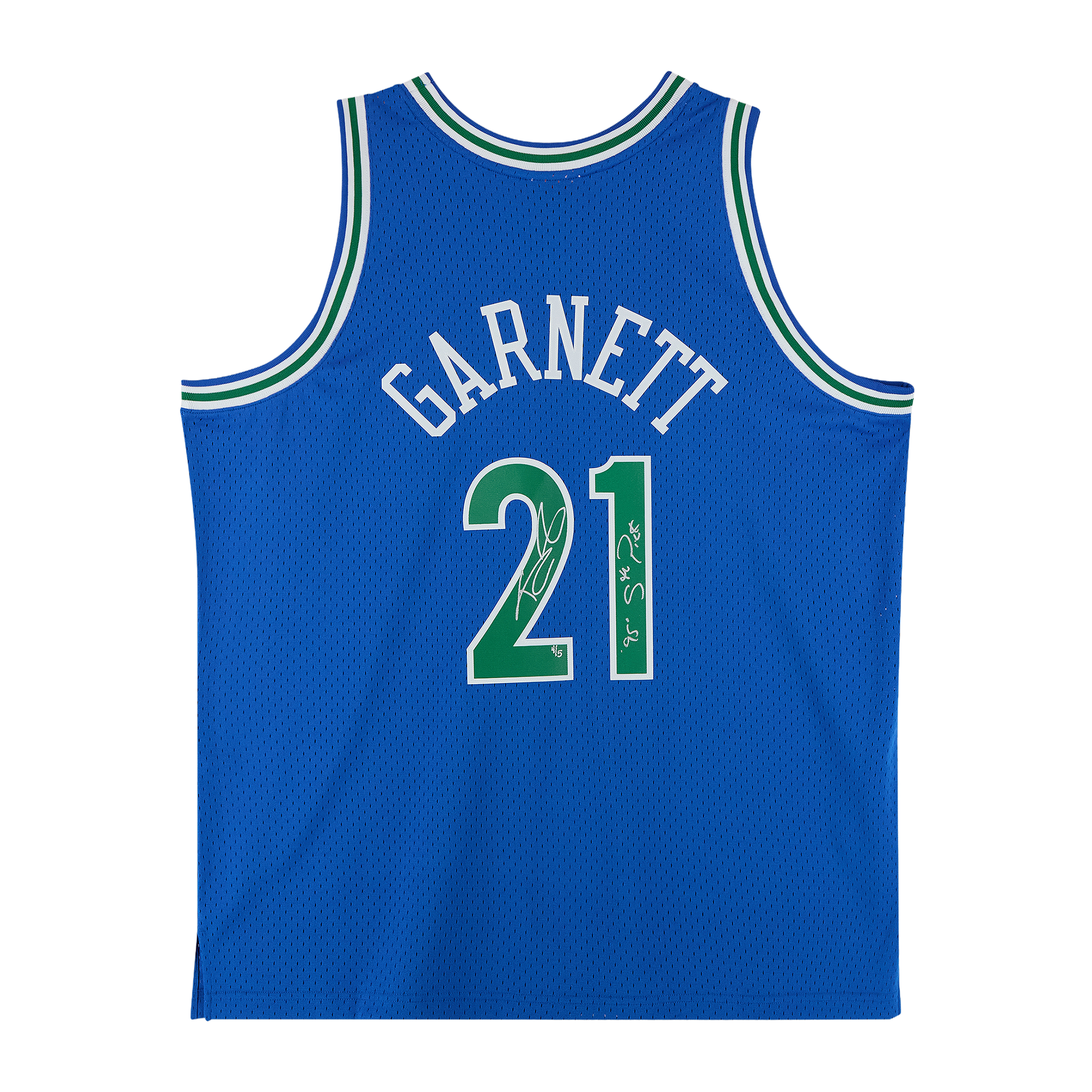 Maillot Swingman bleu Mitchell & Ness 1995-96 autographié par Kevin Garnett des Minnesota Timberwolves, avec inscription « 5e choix de draft 1995 » - Édition limitée à 5 exemplaires