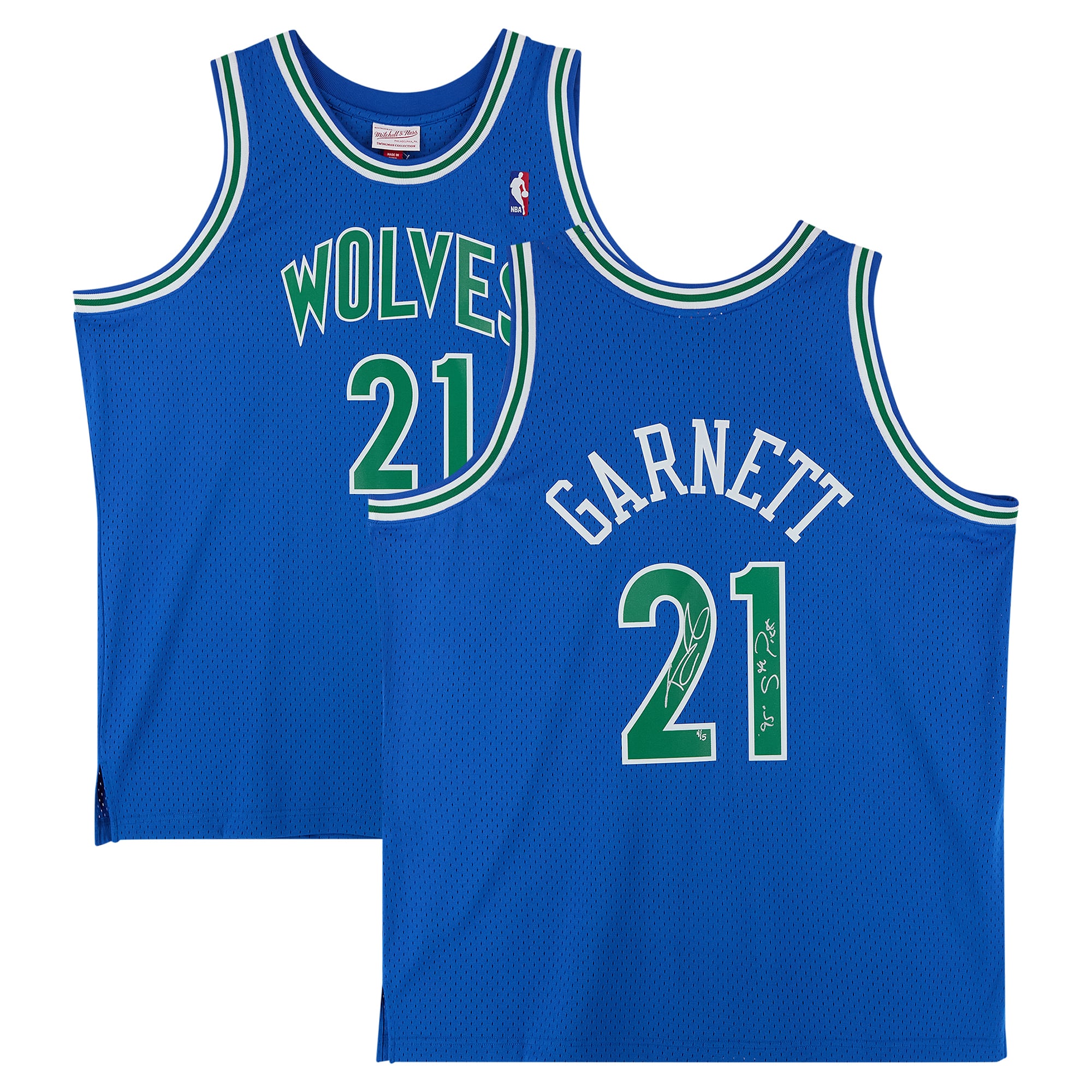 Maillot Swingman bleu Mitchell & Ness 1995-96 autographié par Kevin Garnett des Minnesota Timberwolves, avec inscription « 5e choix de draft 1995 » - Édition limitée à 5 exemplaires