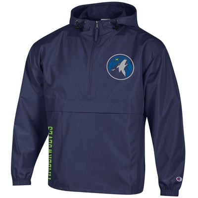  Minnesota Timberwolves Champion Packable Lightweight Hooded Windbreaker Half-Zip Jacket - Navy
