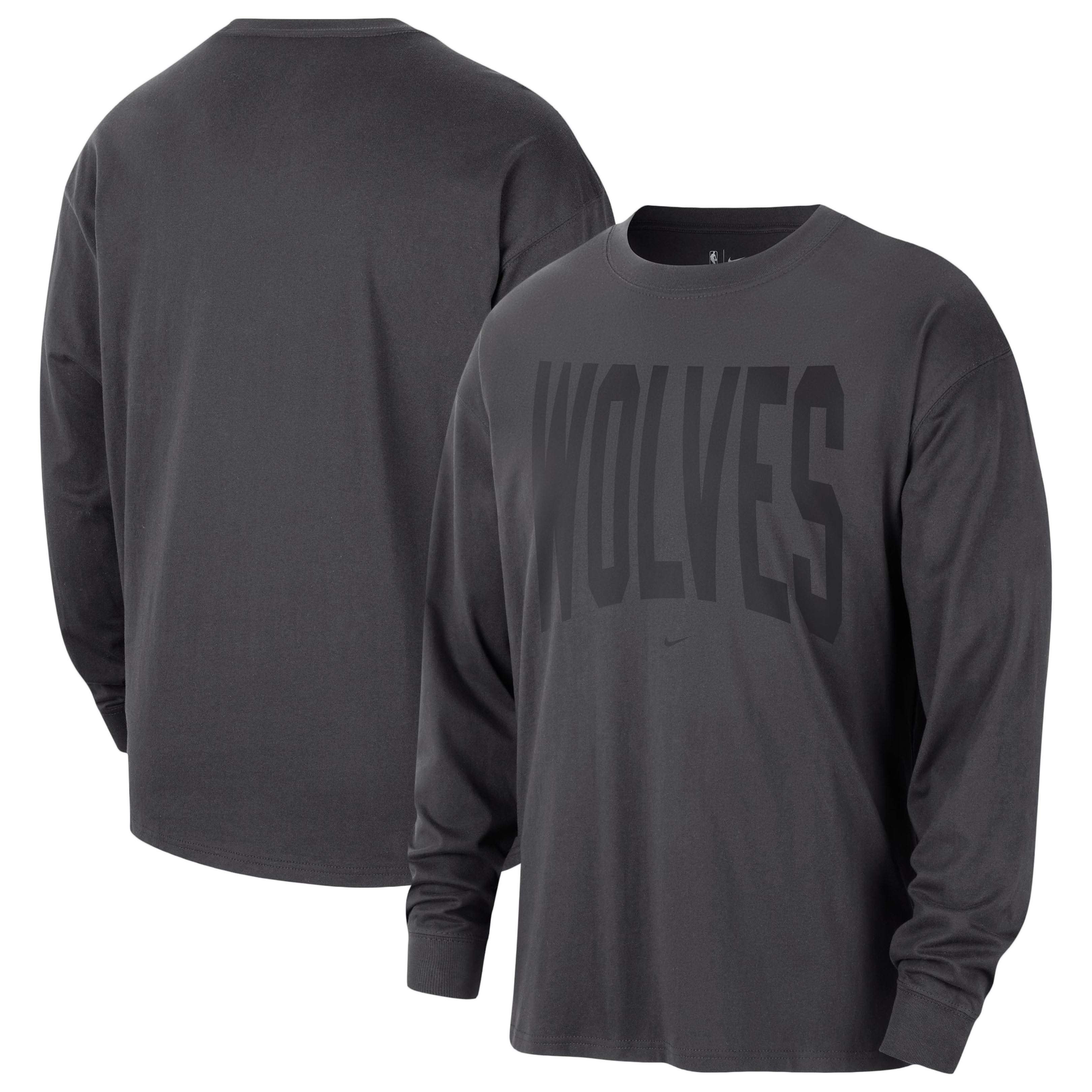 T-shirt à manches longues Nike Timberwolves Minnesota 2026 Standard Issue Travel pour homme, couleur anthracite.
